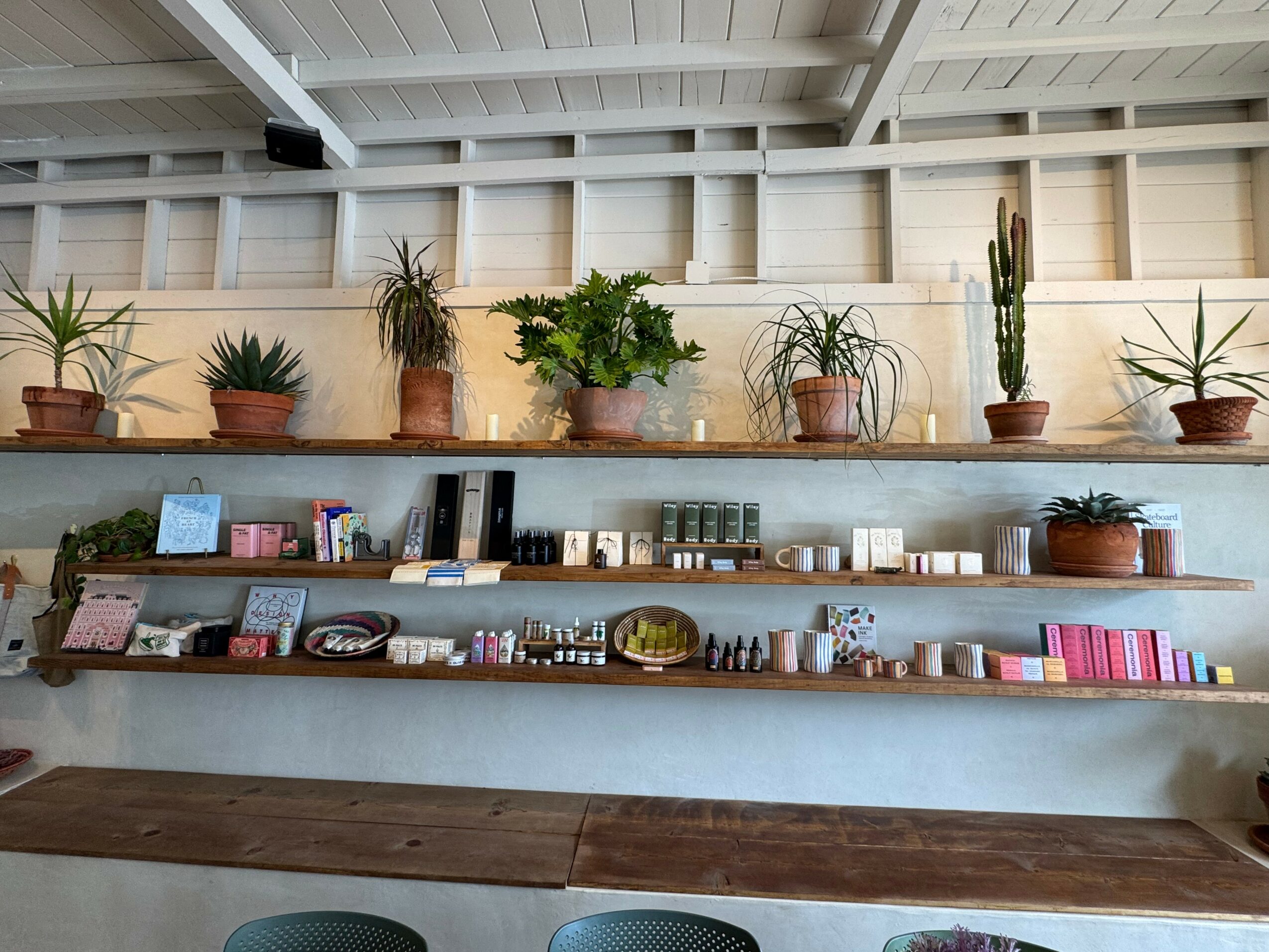 Shelves with potted plants, books, and decorative items against a white wall and ceiling.
