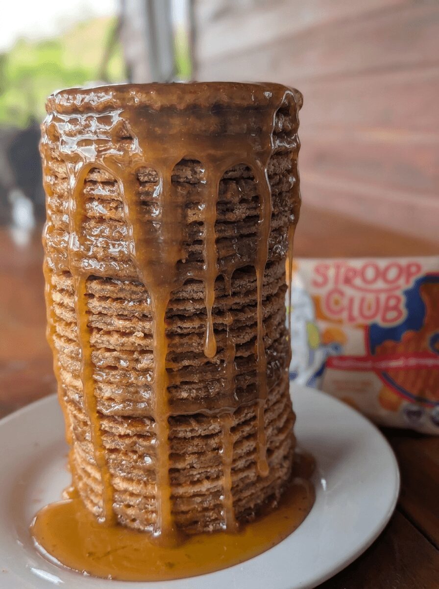 Stack of layered pancakes with syrup dripping down, on a white plate, with a blurred background.