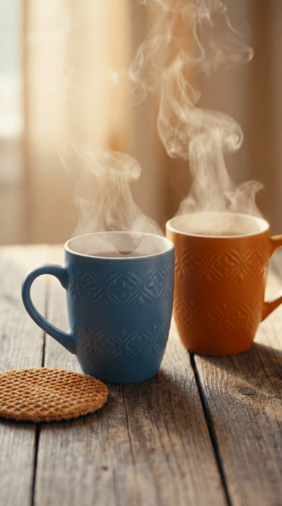 Two steaming coffee mugs, one blue and one orange, on a wooden table with a cookie nearby.