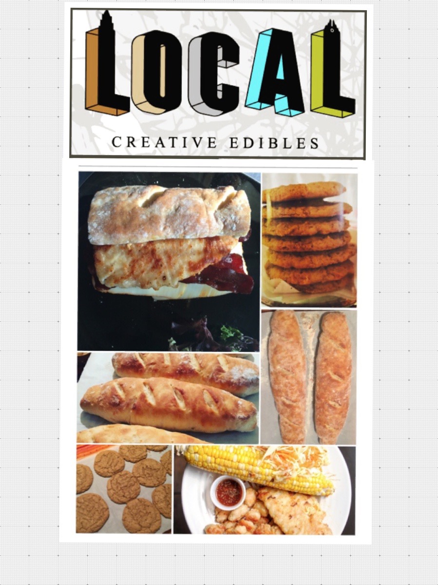 Vertical flyer with colorful text 'LOCAL' and images of baked goods including pies, fried items, cookies, and bread.