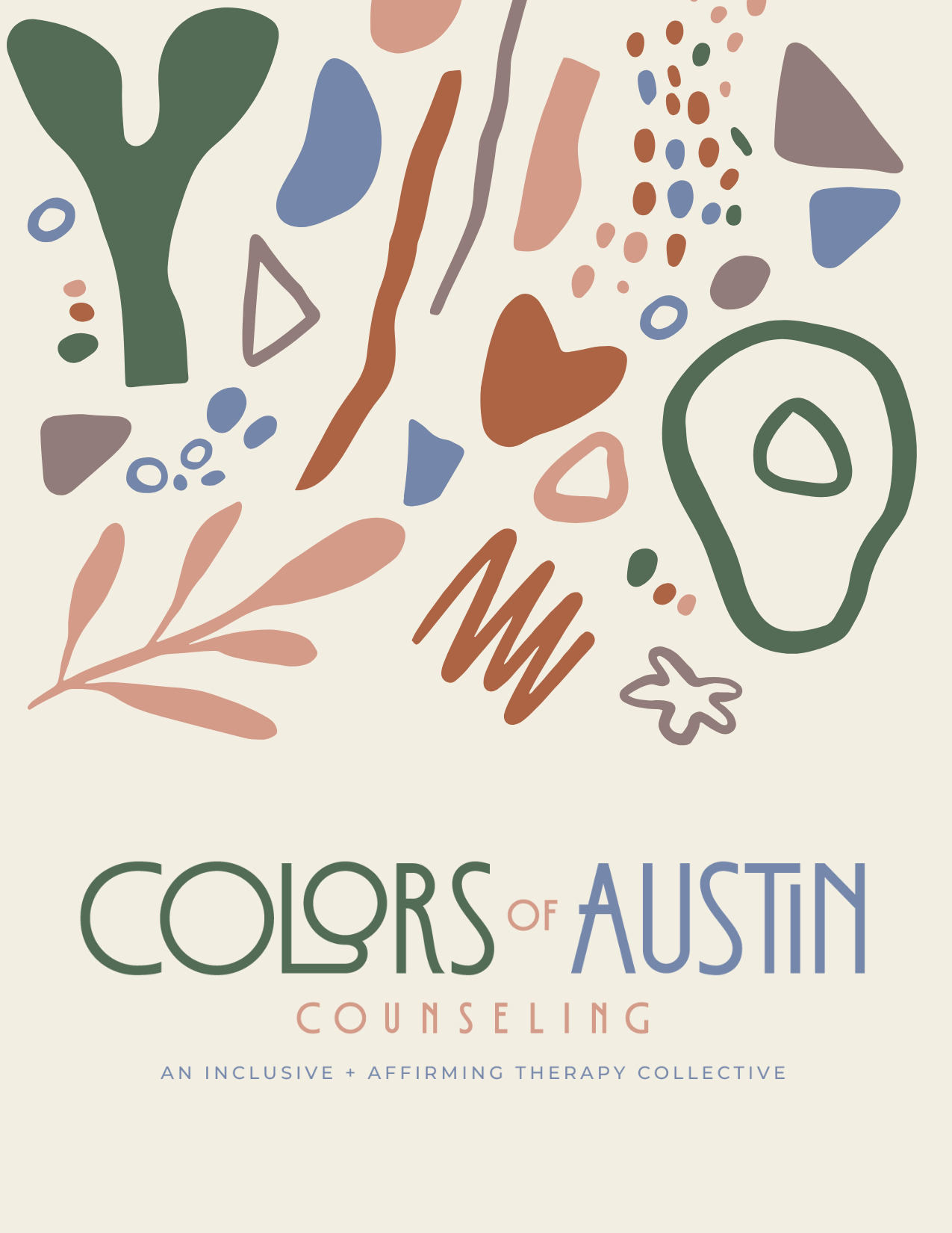 Abstract colorful shapes and lines with text about Colors of Austin Counseling and therapy collective.