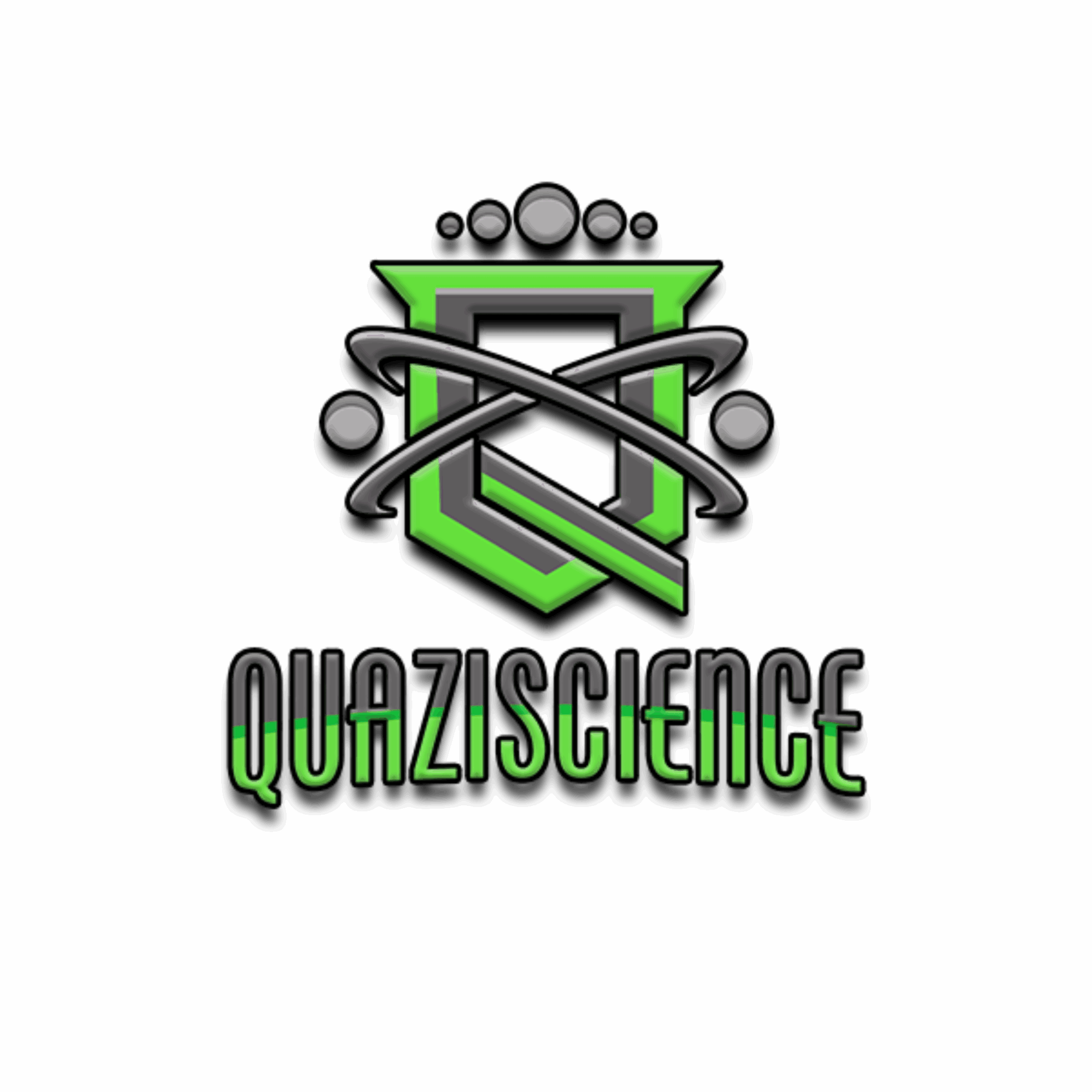 Logo with a shield, atom, and the text 'QUAZISCIENCE' in green and gray on a black background.