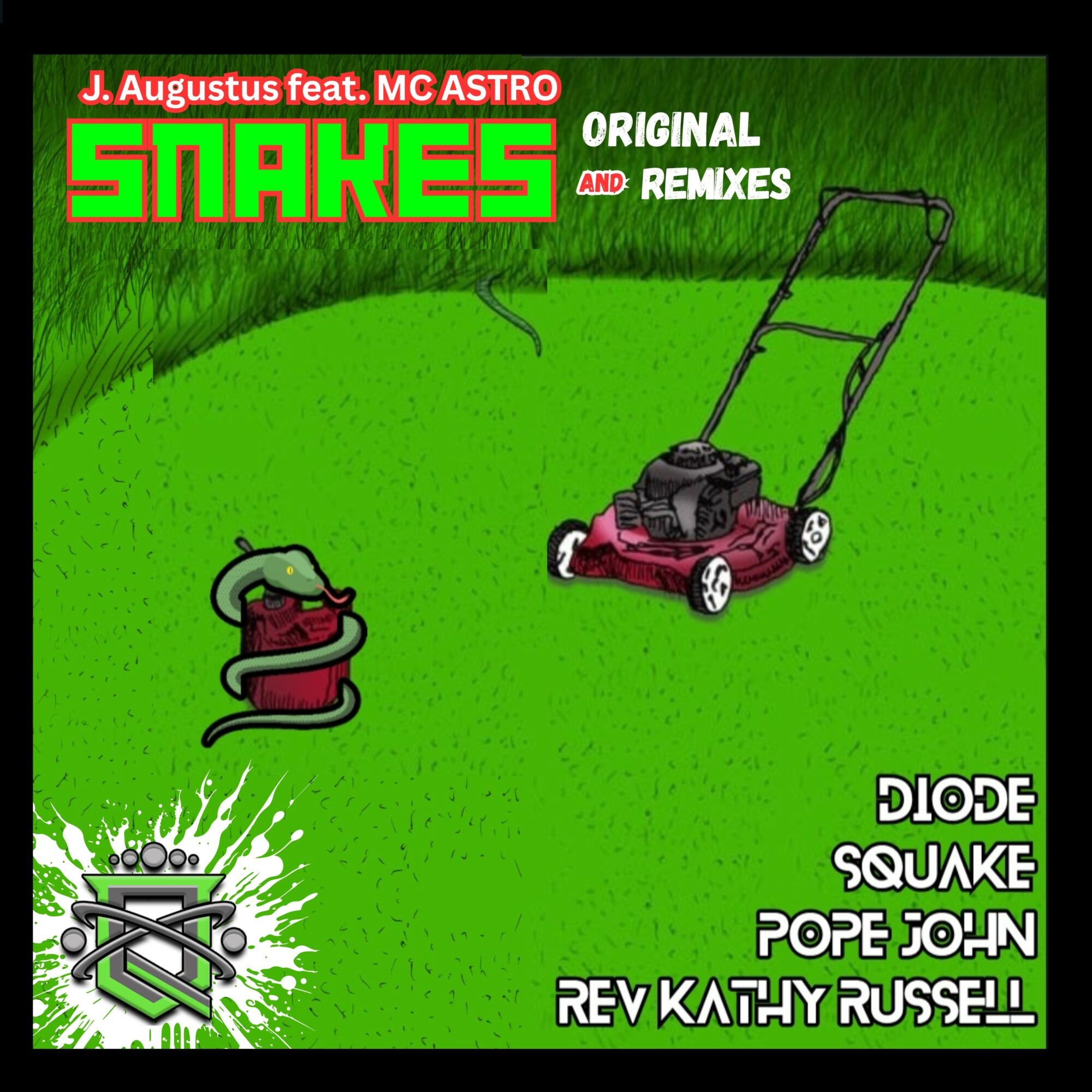 Green background with a lawnmower and a vacuum cleaner, text about music tracks and artists, and a logo with tools.