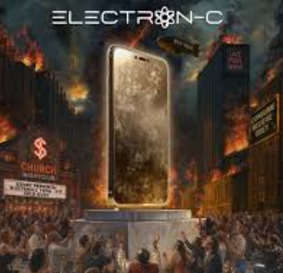 A large smartphone on a pedestal in a city with burning buildings and smoke, with a crowd watching. The text reads 'ELECTRON-C'.