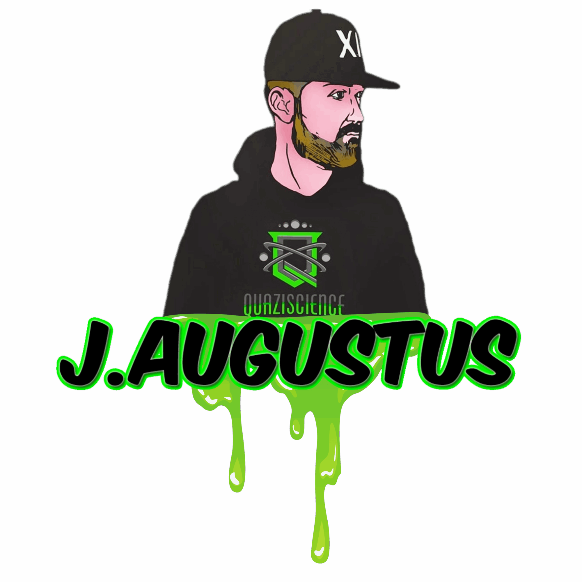 Illustration of a man with a beard wearing a black cap and hoodie, with green dripping text reading J. AUGUSTUS.