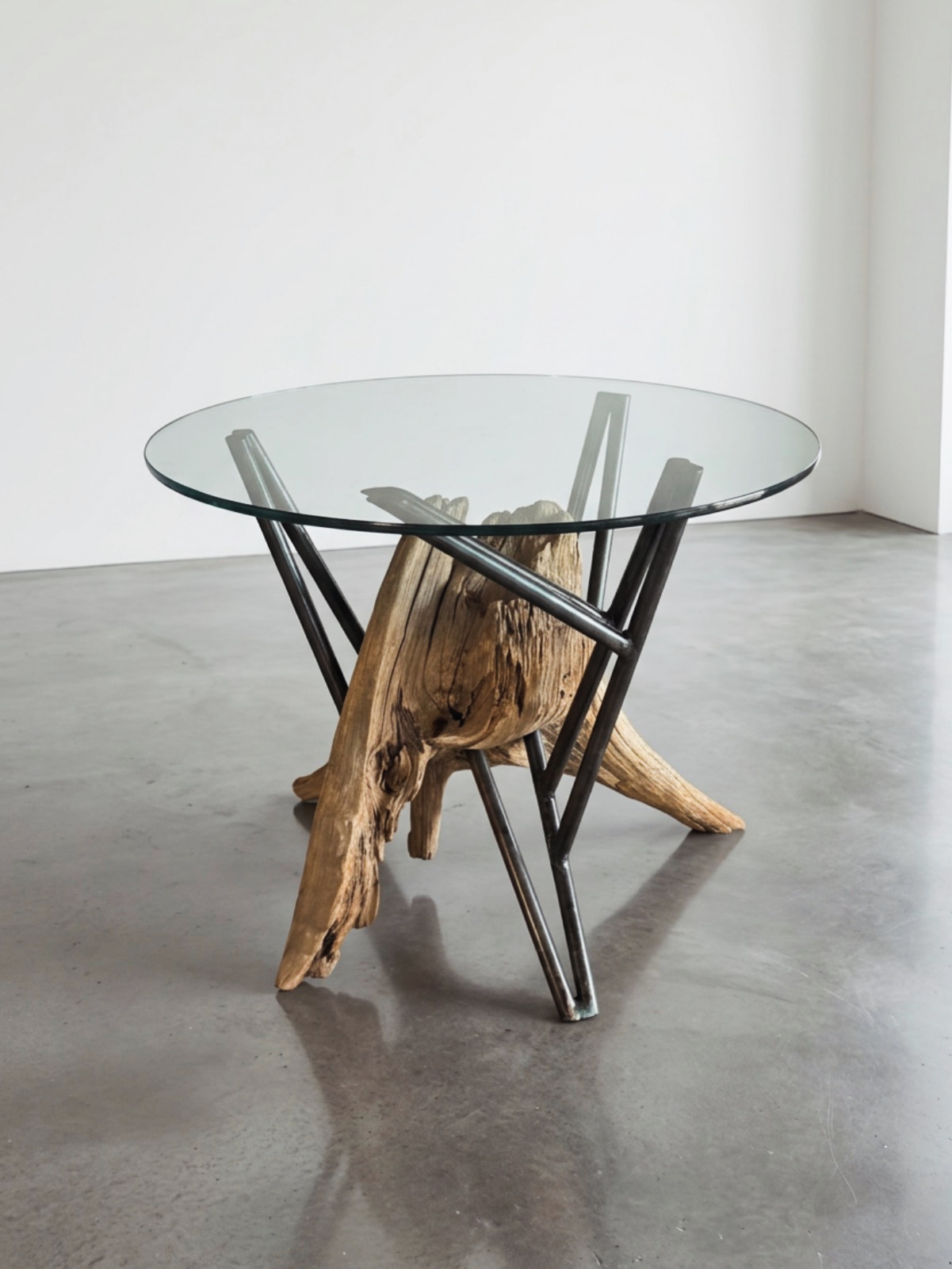 Round glass table with a wooden base and black metal legs in a minimal room.