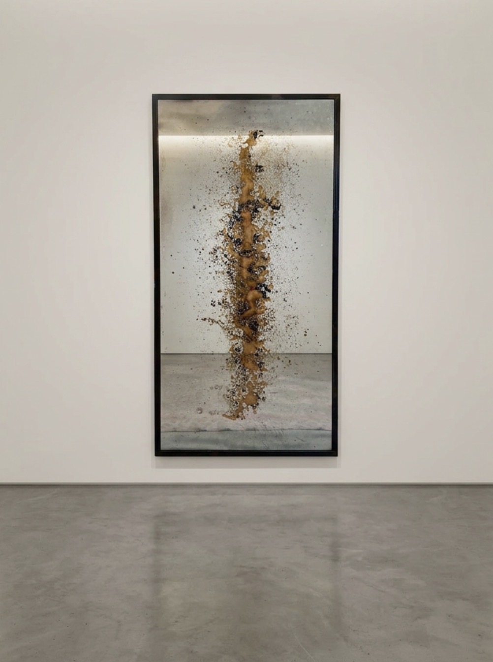 Vertical artwork with a central abstract splash of brown and black on a reflective surface, mounted on a white wall.