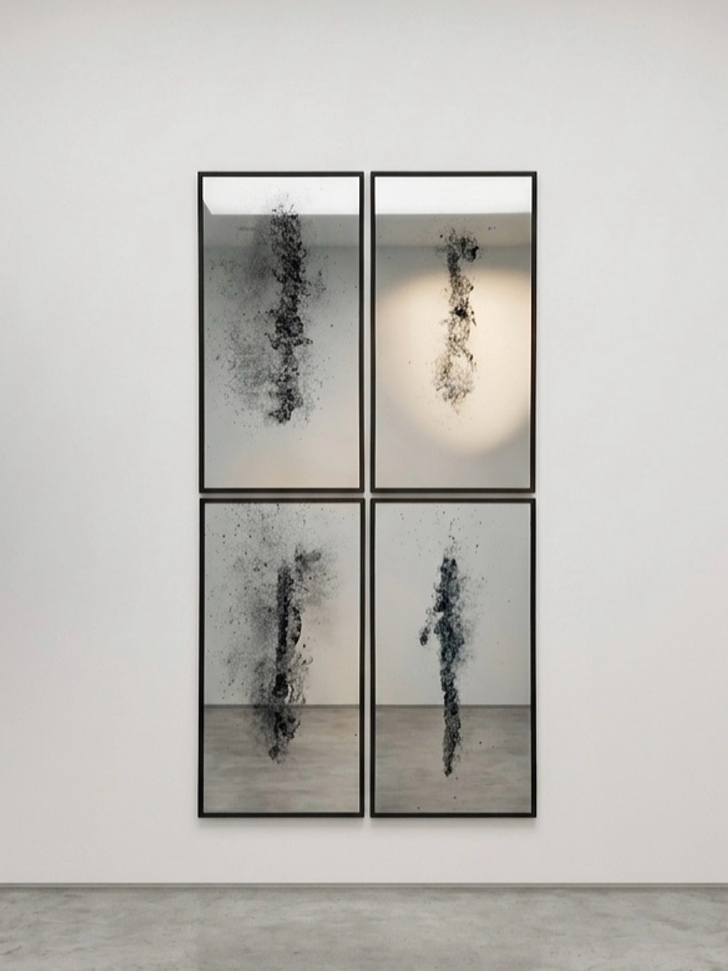 Four framed abstract art pieces with black and gray ink-like designs on white backgrounds, arranged in a 2x2 grid on a white wall.