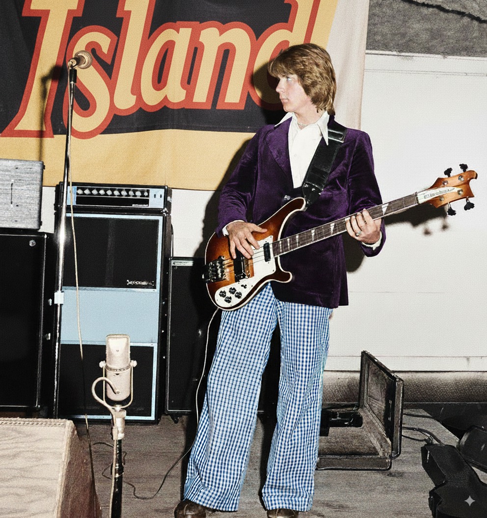 Young person playing electric guitar on stage with equipment and a banner in the background.