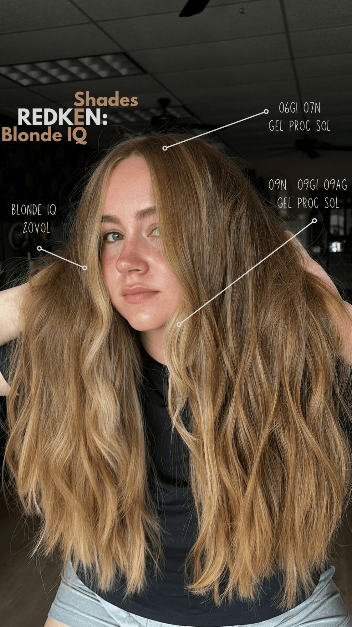 Young woman with long, wavy blonde hair, wearing a black top, in an indoor setting with text overlay.