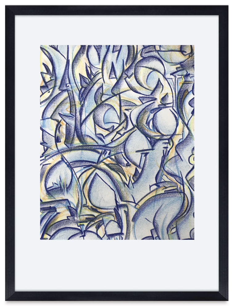 Abstract painting with blue, yellow, and purple swirling shapes and lines, framed in black with white matting.