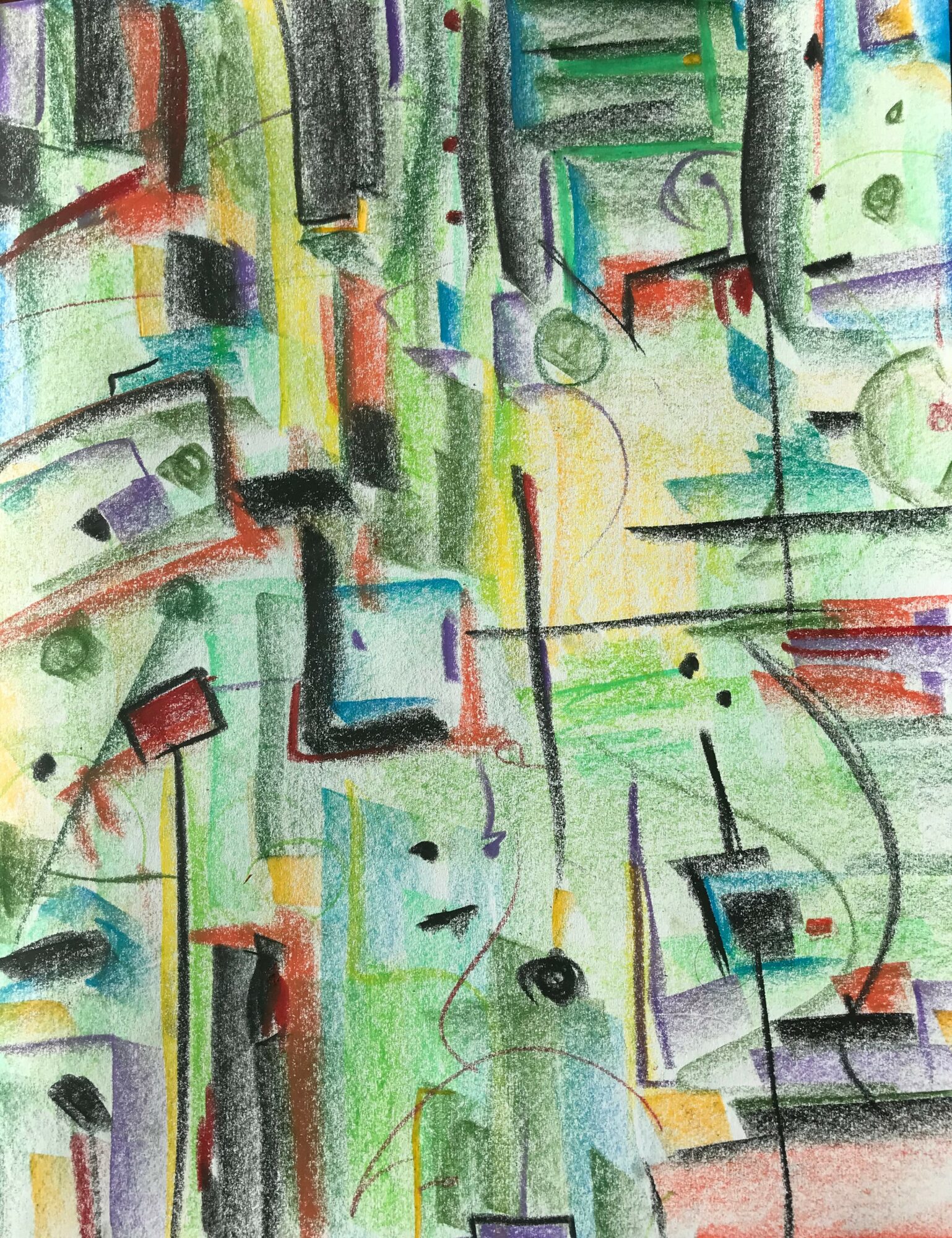 Abstract colorful cityscape with buildings, lines, and shapes, in a watercolor style.