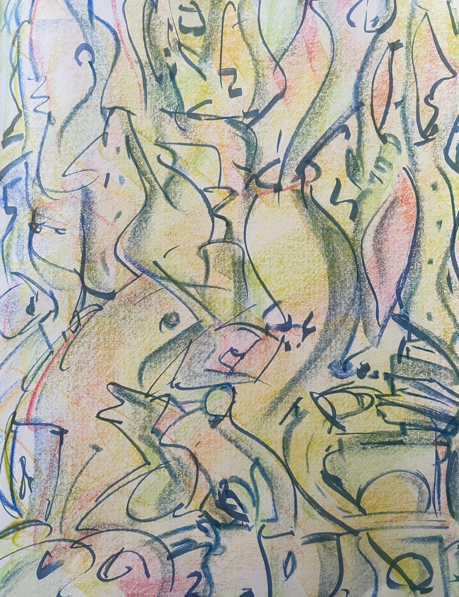 Abstract colorful sketch with flowing lines and shapes, resembling human figures and organic forms, in pastel shades.