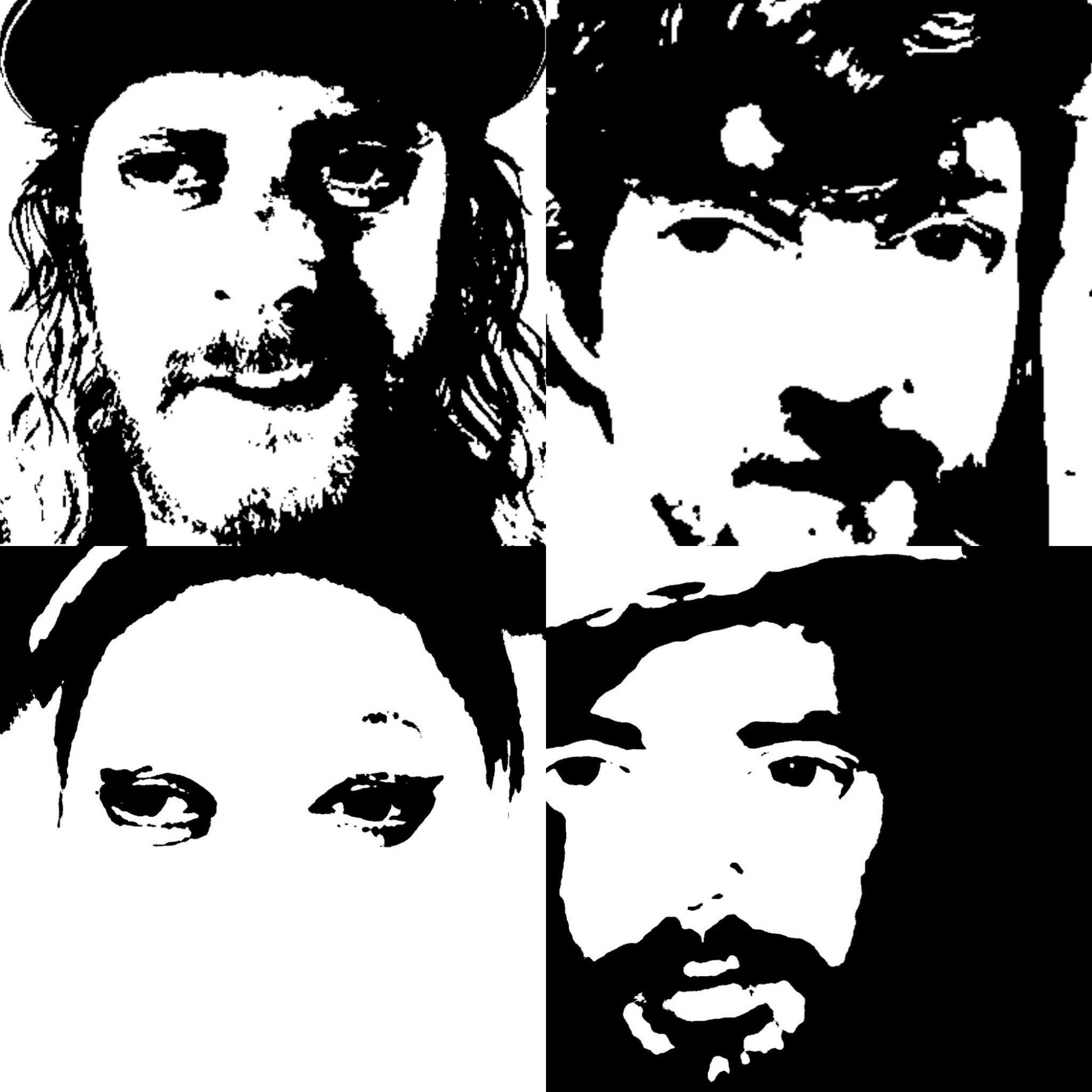 Four black-and-white stylized portraits of different people, each with distinct facial features and hairstyles.