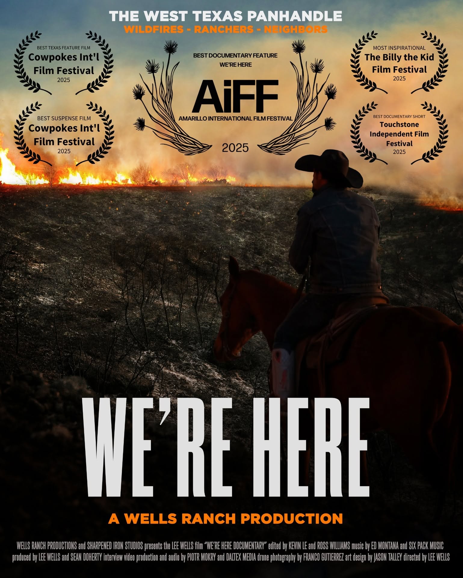 Person on horseback watching a wildfire with film festival laurels and text about the West Texas Panhandle, film title, and production info.