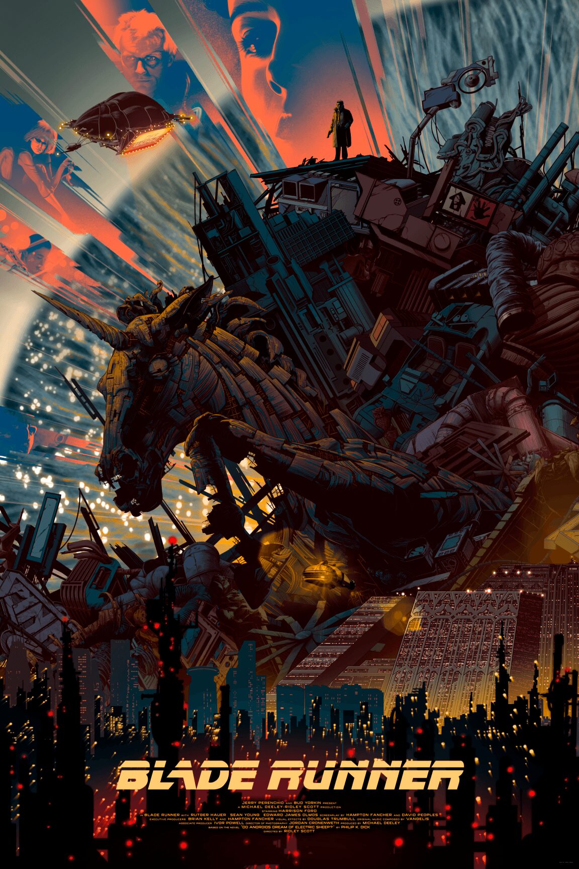 Futuristic scene with a large robot and a person standing on top, city skyline in the background, and bright lights. 20 words.