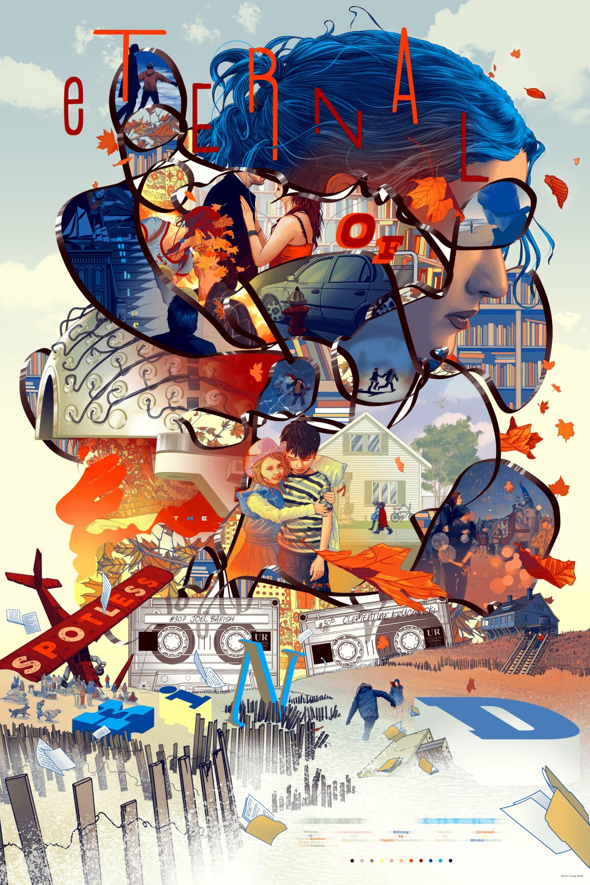 Collage of a woman with blue hair, children playing outside, books, and various objects, with scattered elements and bright colors.