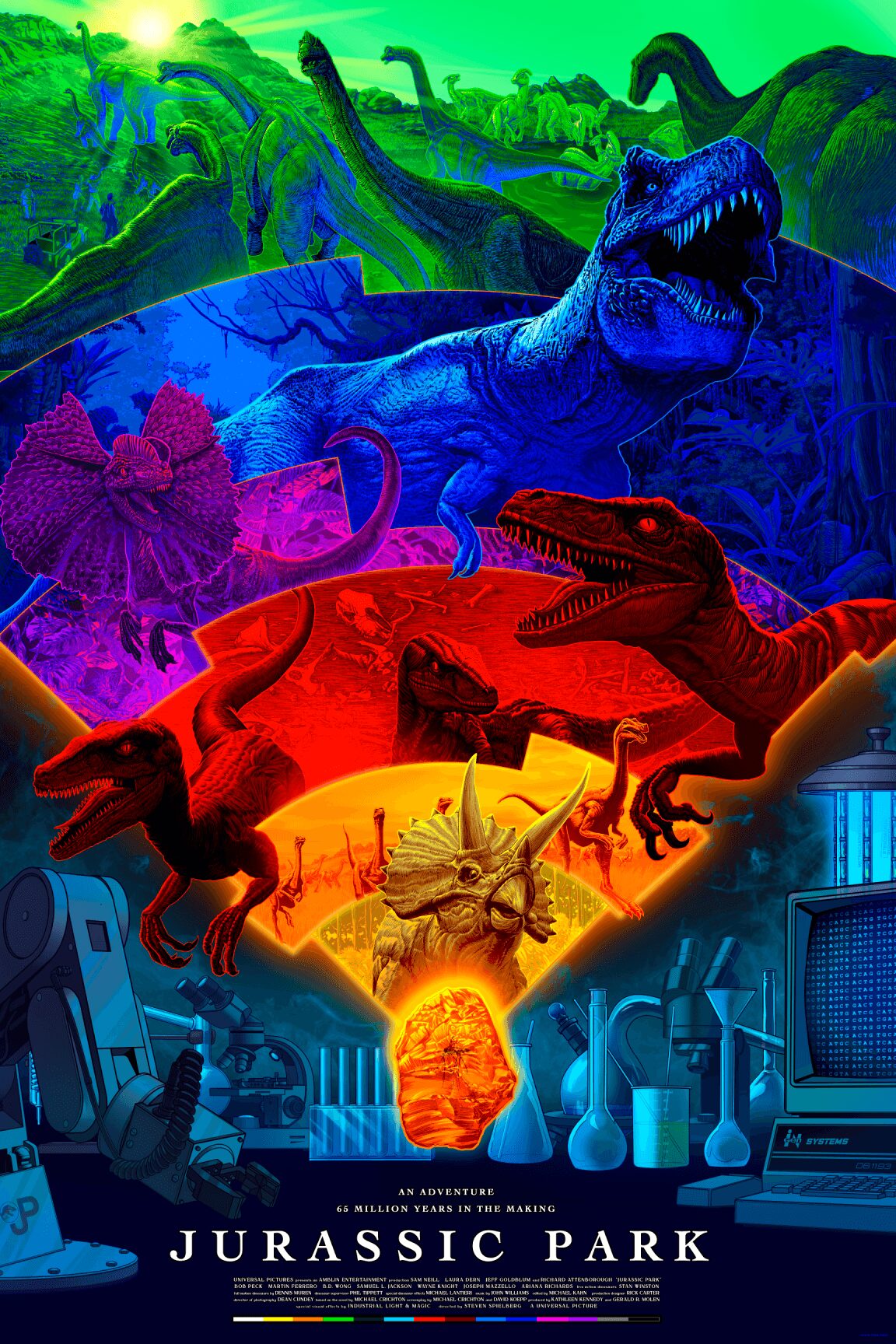 Colorful illustration of dinosaurs in a prehistoric landscape with volcanoes and lush vegetation, inspired by Jurassic Park.