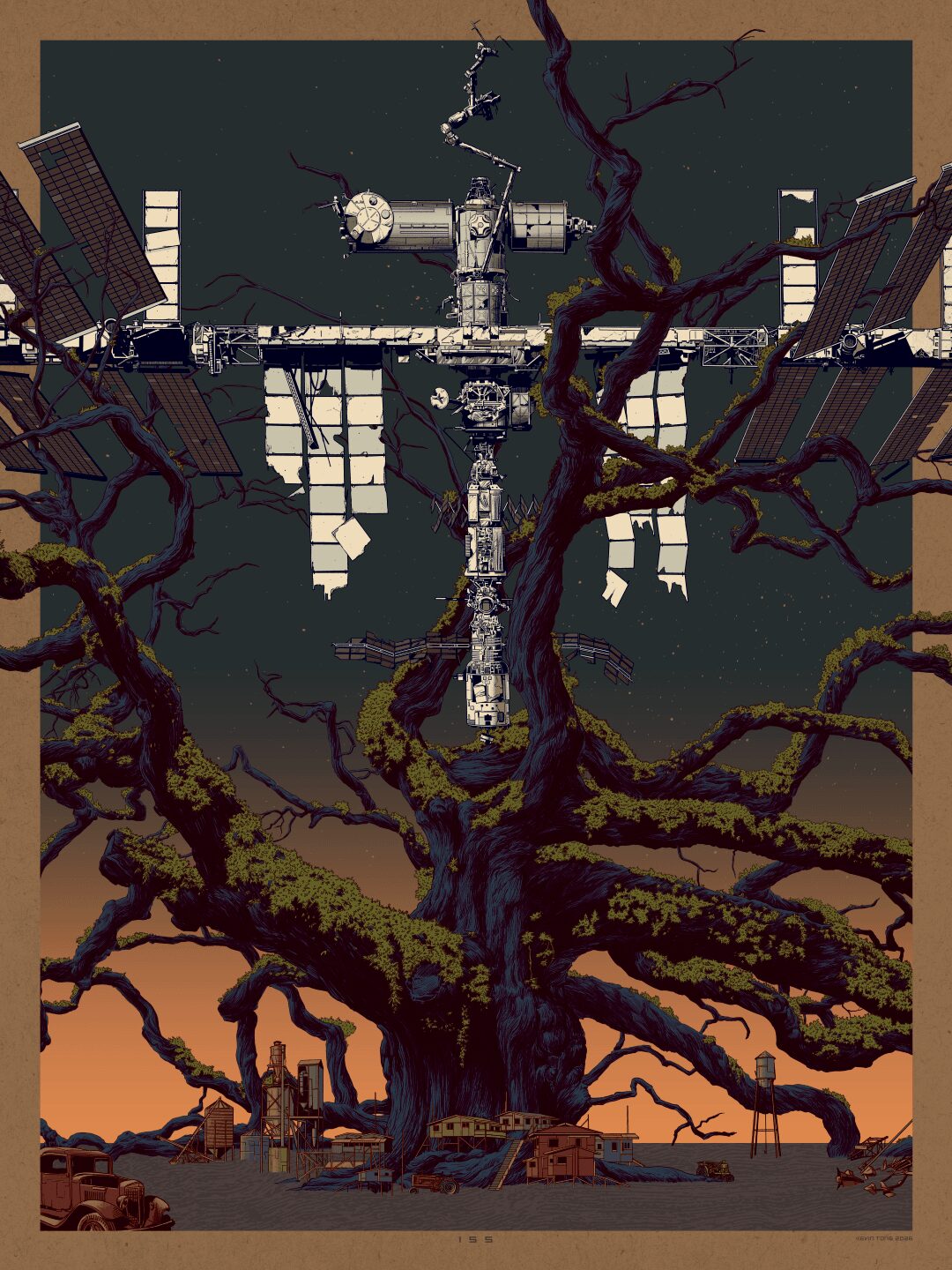 A large tree with twisted branches in front of a futuristic cross-shaped structure with solar panels, against a sunset sky.