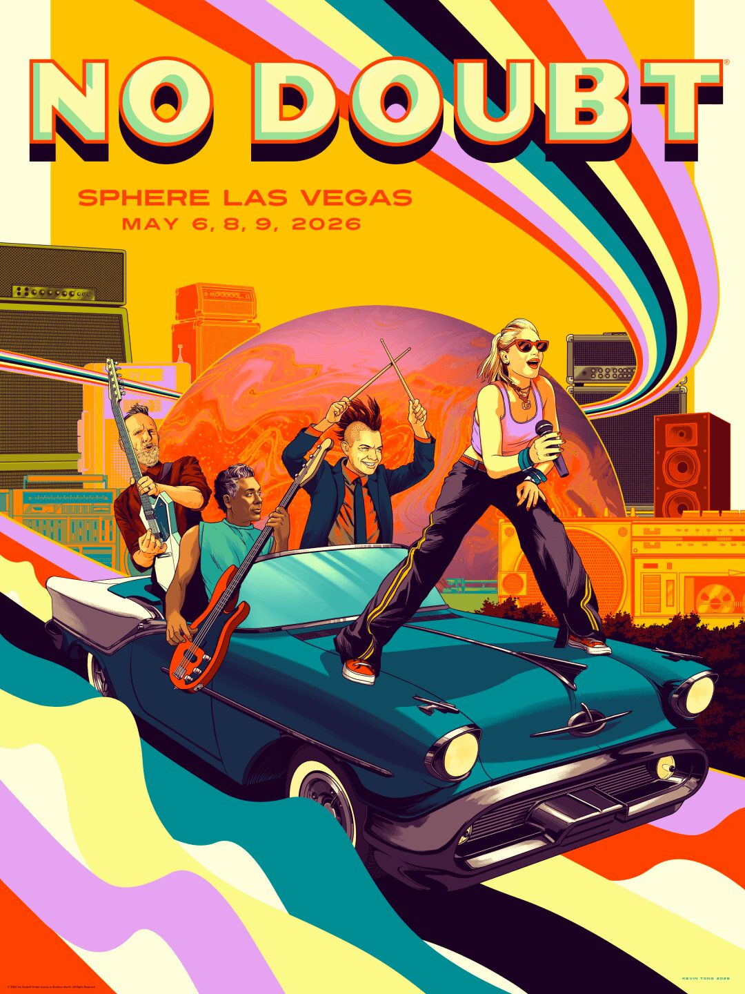 Colorful poster for No Doubt concert at Sphere Las Vegas, May 6-9, 2026, featuring band members with a car and vibrant background.