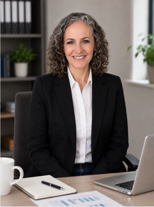 Woman with curly hair in a black blazer and white shirt sitting at a desk with a laptop and papers.