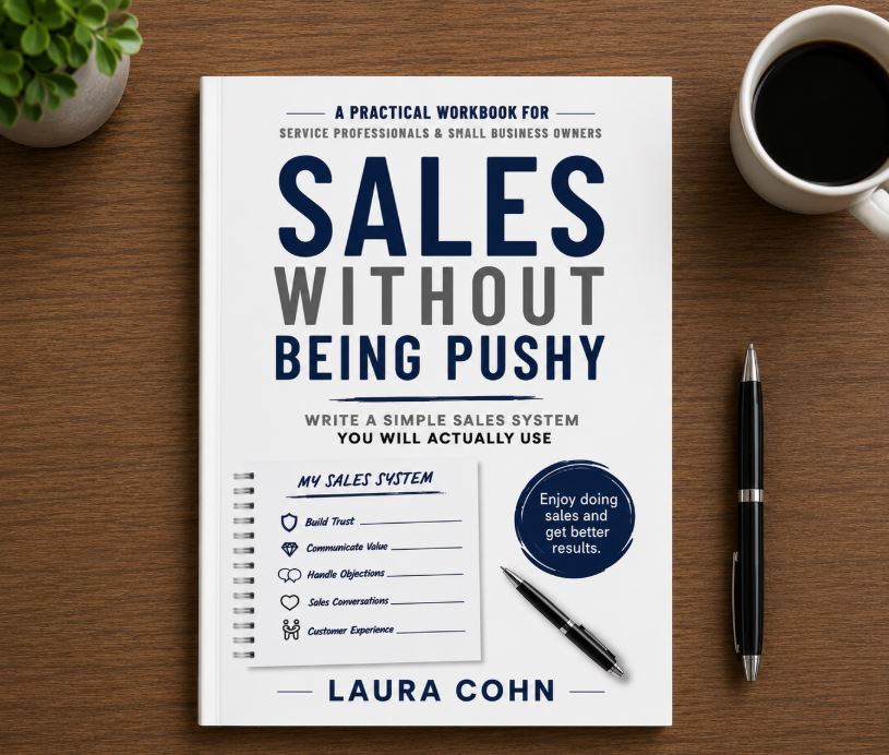 Book titled 'Sales Without Being Pushy' on a wooden surface with a pen, cup of coffee, and plant nearby.