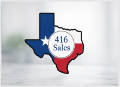 Outline of Texas with a star, displaying 416 sales in a circle, colored blue, white, and red, representing the state flag.