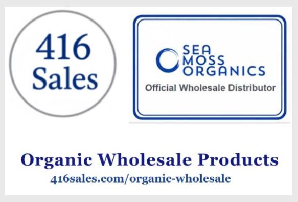 Logo with text 'Sea Moss Organics' and 'Official Wholesale Distributor', and a circle with '416 Sales' and a website link.