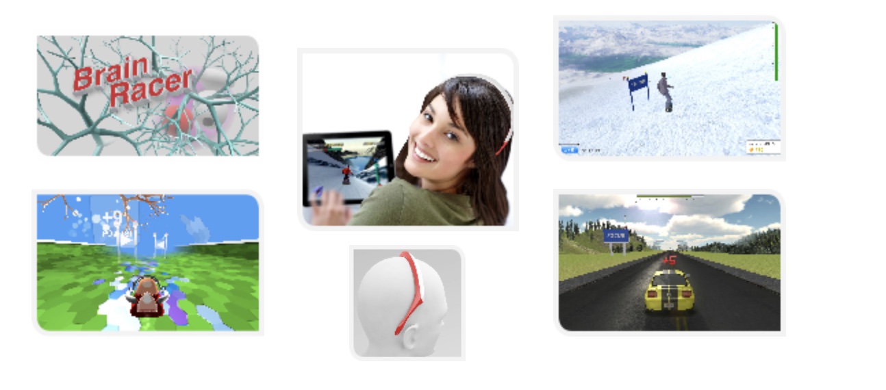 Six images: brain with red text, woman taking selfie, snowy landscape, cartoon character in water, red and white object, yellow car on road.