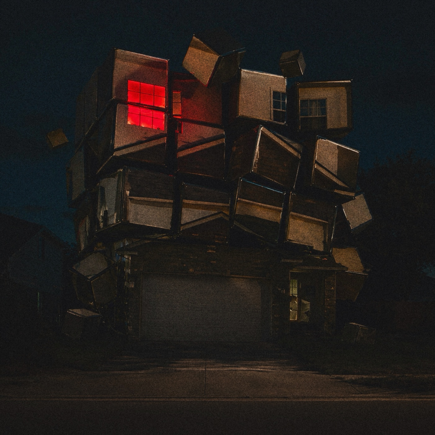 A dark scene with a structure made of stacked boxes, illuminated by red light, against a night sky.