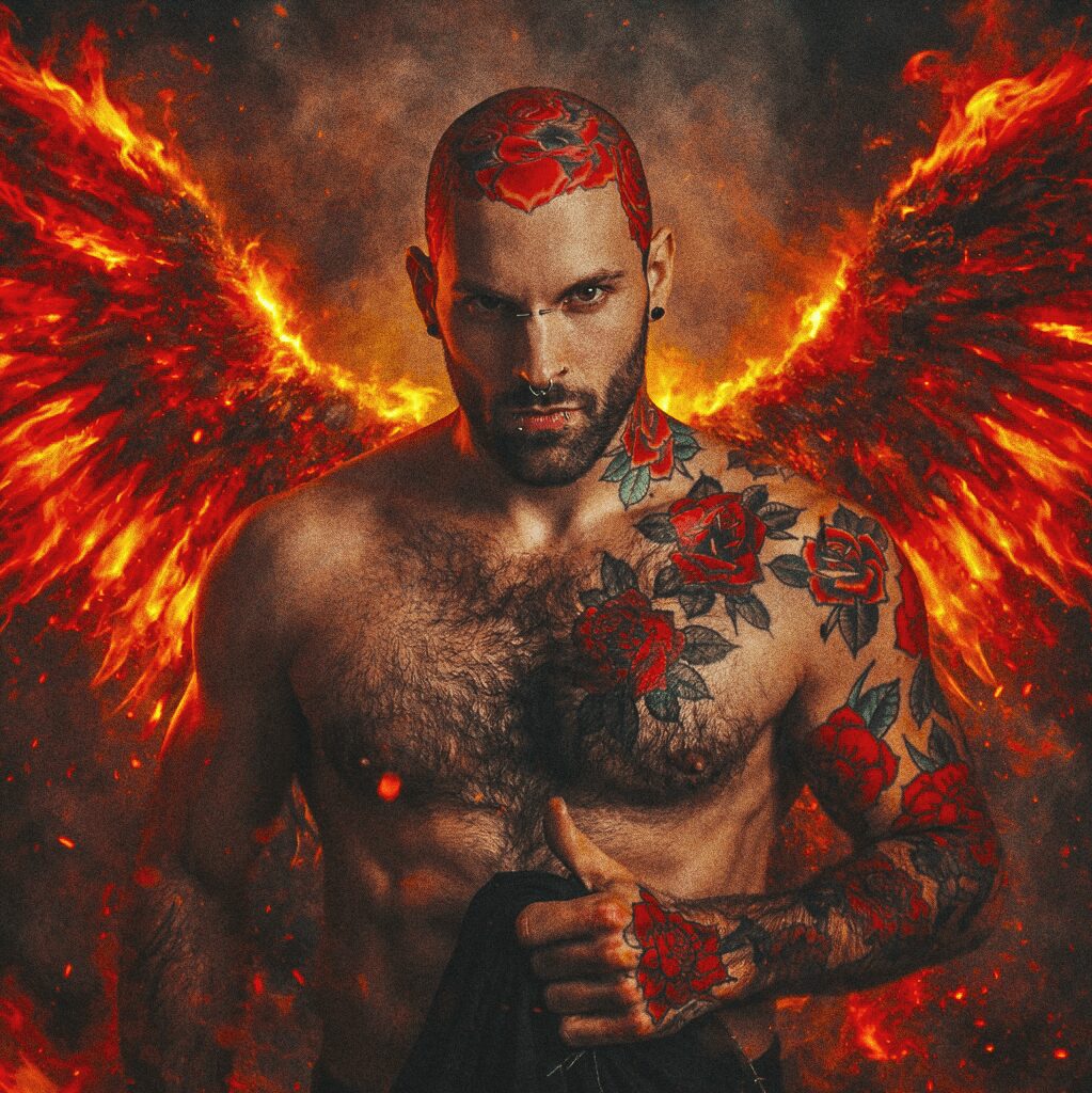 A shirtless man with tattoos and a beard, with fiery wings behind him, holding a black cloth, intense expression.