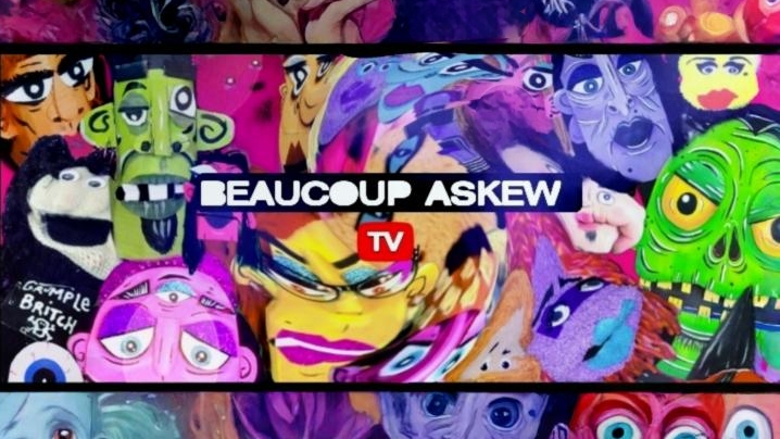 Colorful cartoon characters with text 'BEAUCOUP ASKew' and a TV icon in the center.