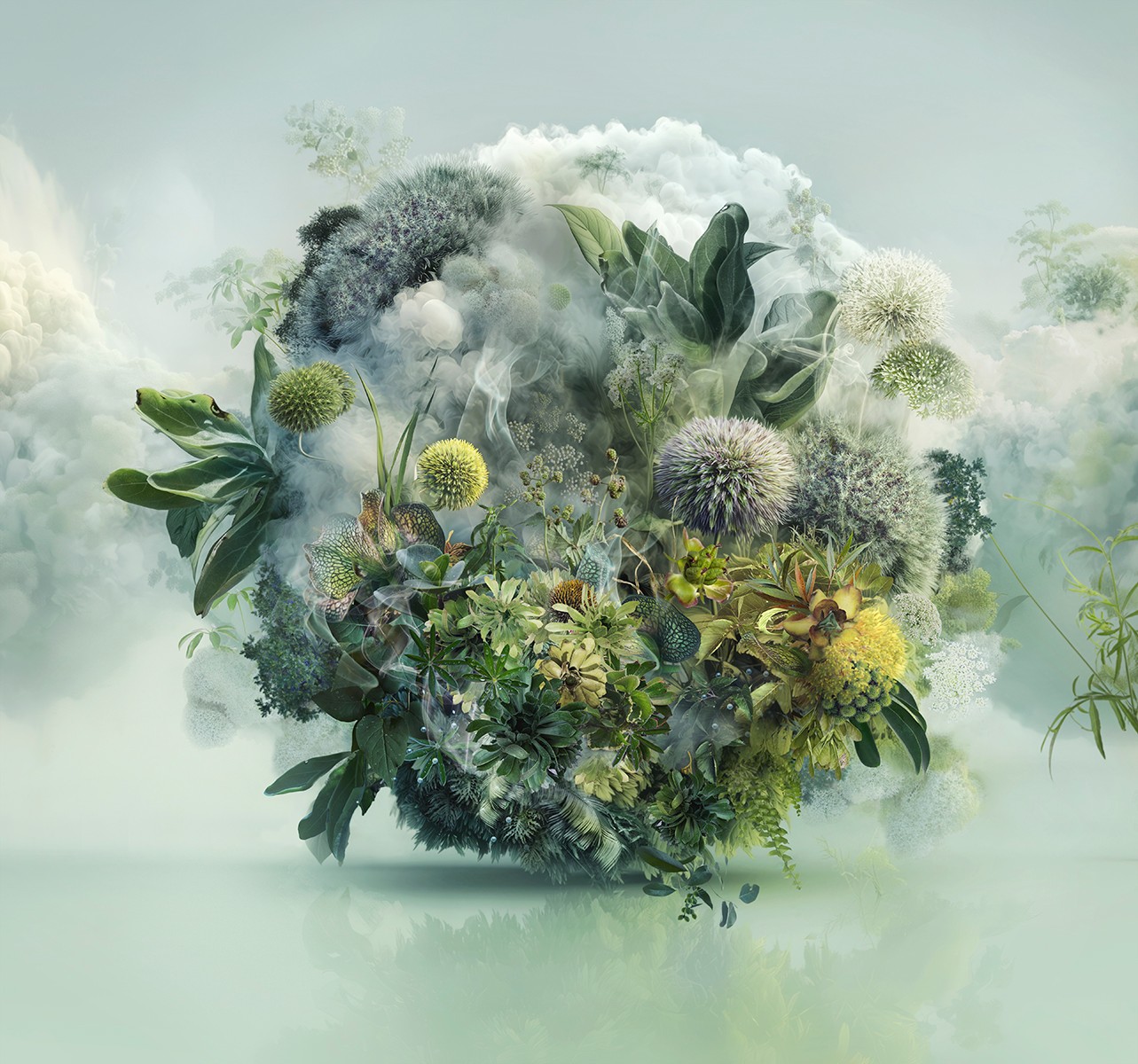 A round bouquet of various green and white flowers and foliage, with a cloudy sky background.