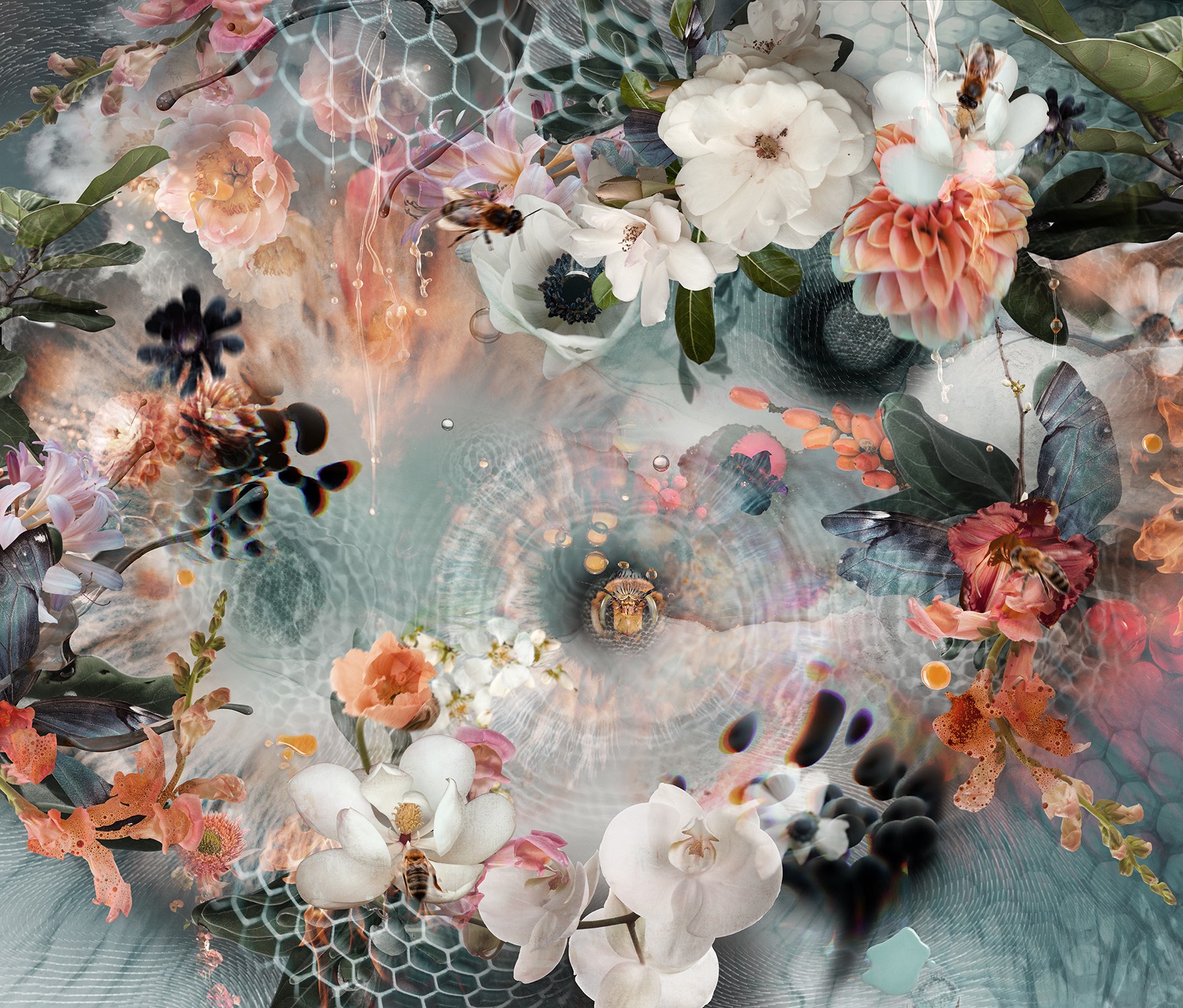 Arrangement of white, pink, and peach flowers with green leaves on a textured background.