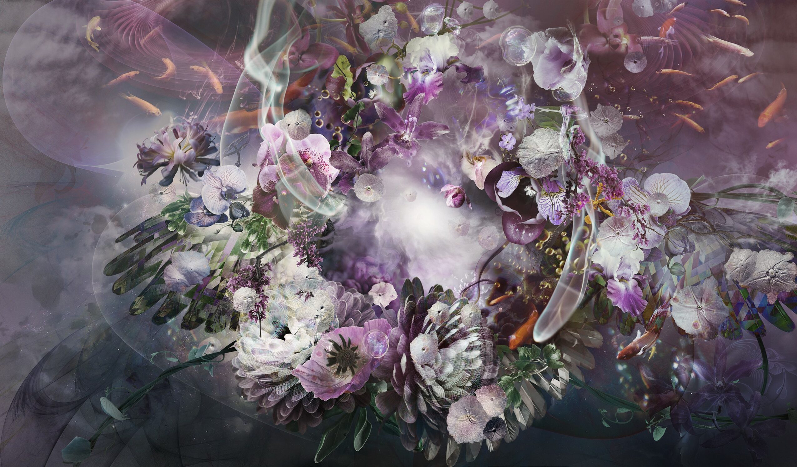 A colorful abstract floral arrangement with purple, white, and pink flowers and swirling light effects.