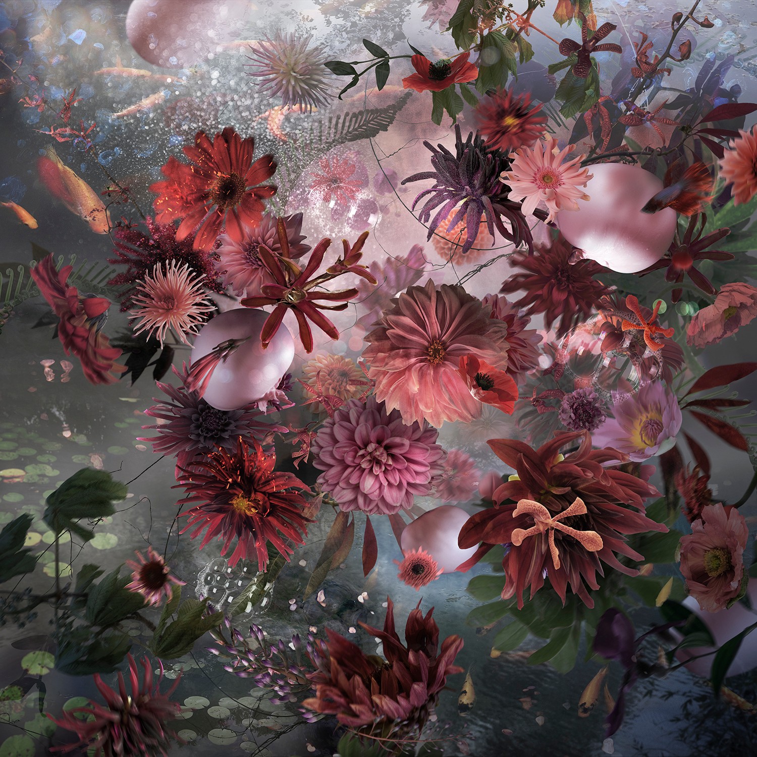 Arrangement of pink, red, and purple flowers with green leaves and a cosmic background.