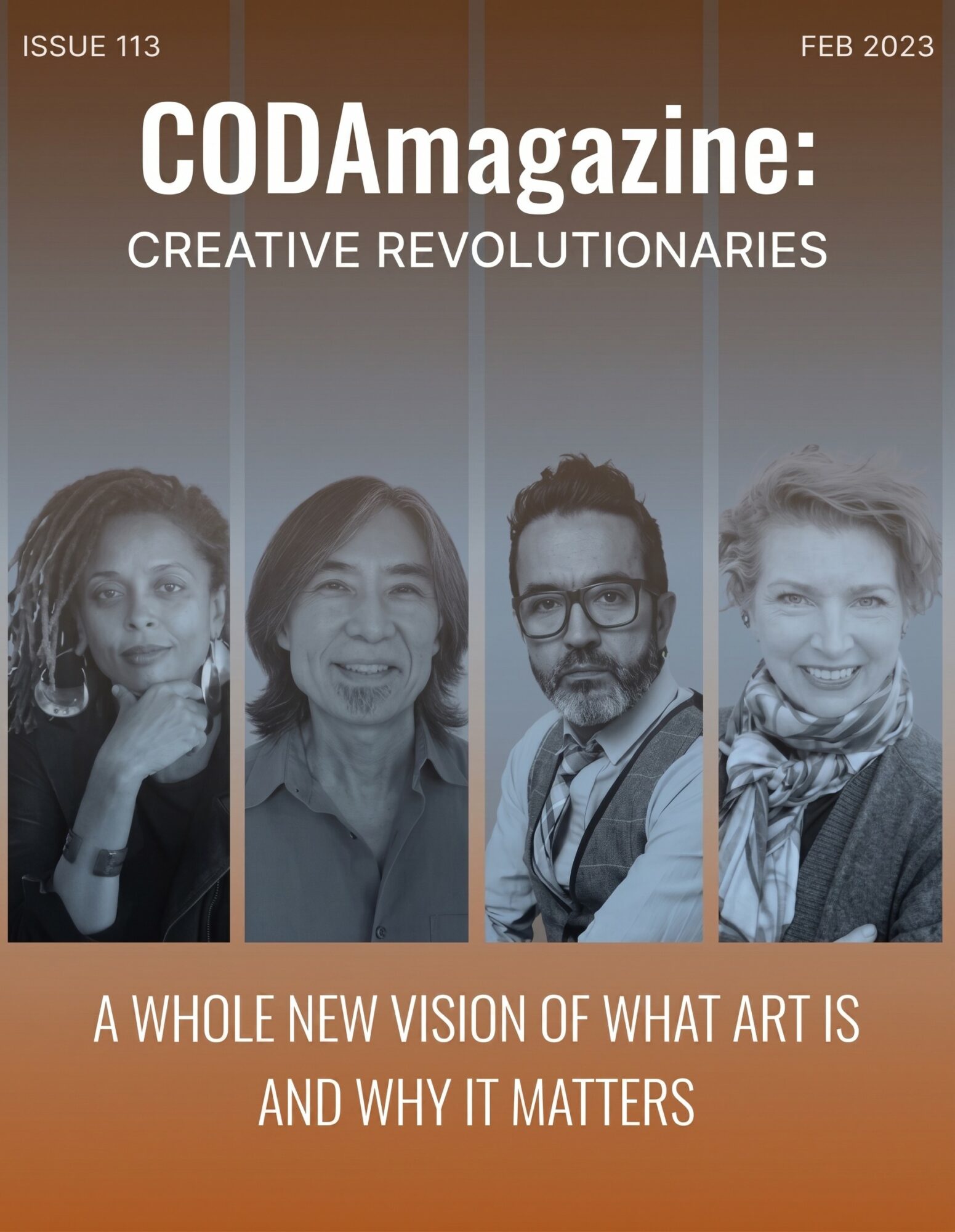 Cover of CODAmagazine issue 113, February 2023, featuring four diverse people smiling, with a brown background and white text.