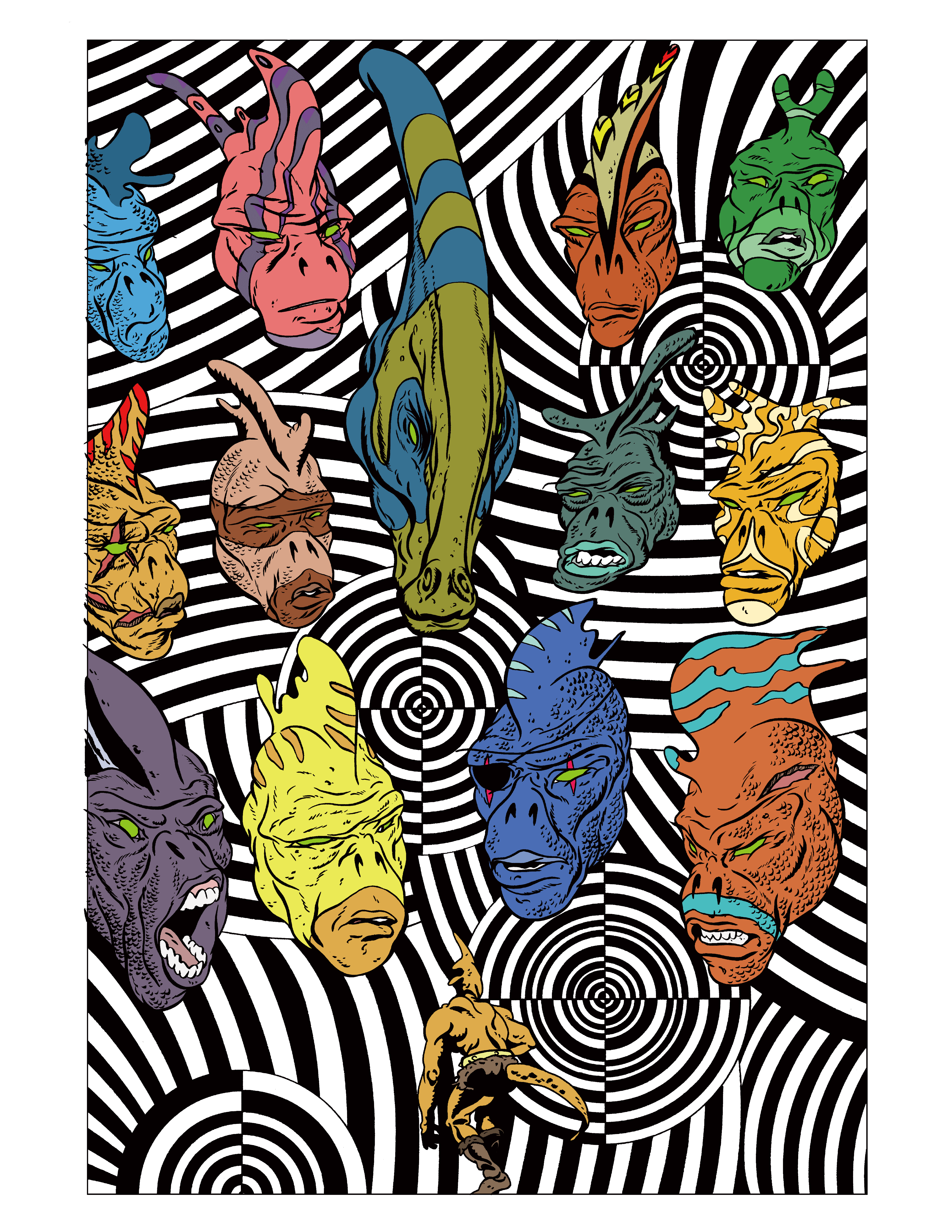 Multiple colorful, stylized animal heads with various patterns, set against a black and white spiral background.