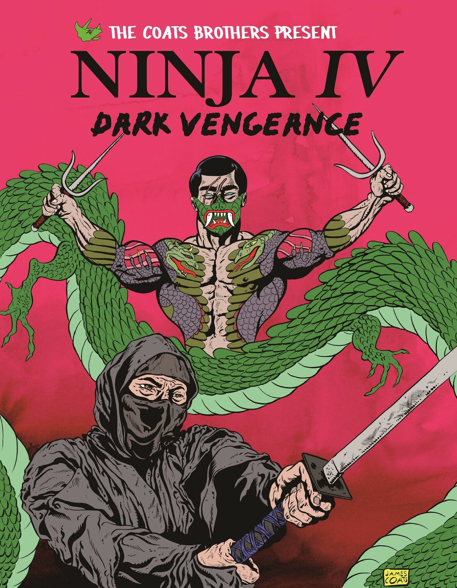 Comic book cover with a muscular man with snake-like arms holding weapons, and a person in black with a sword, pink background.