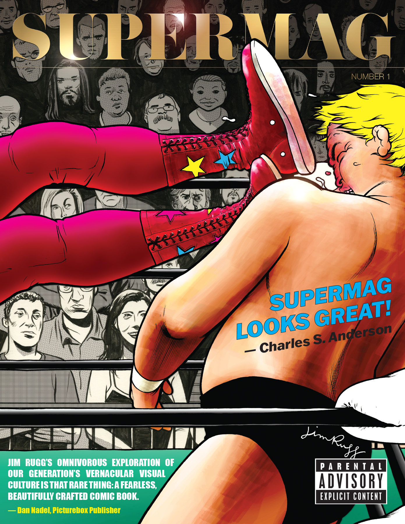 Cover of Supermag magazine featuring a shirtless person with blonde hair and red boots, with a background of black-and-white faces.