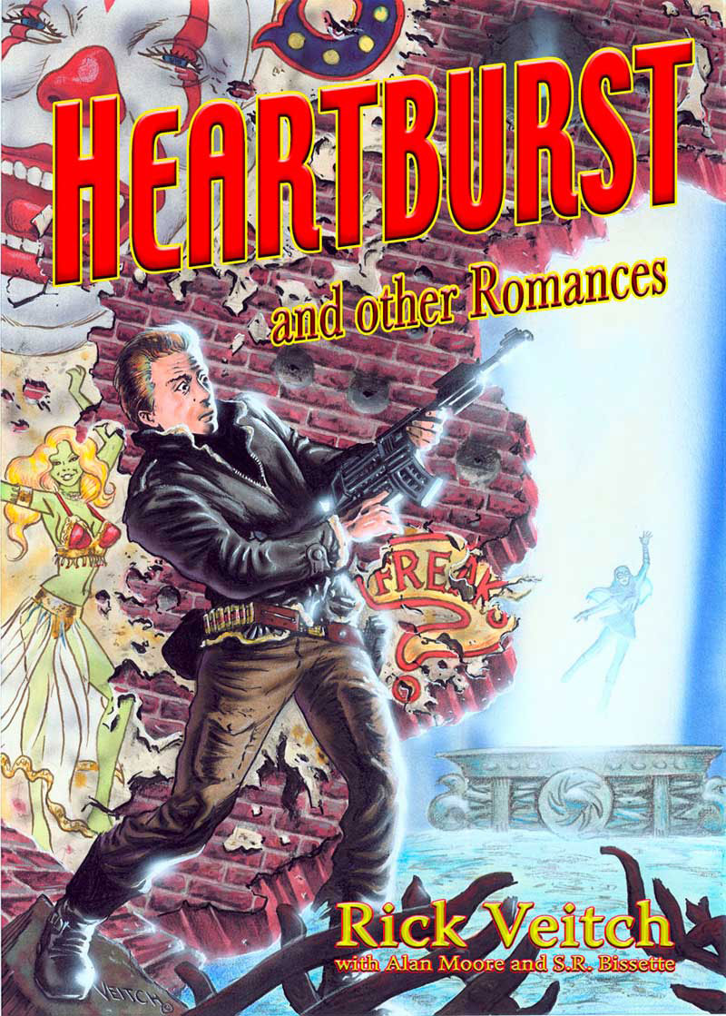Book cover titled 'HEARTBURST and other Romances' featuring a man with a gun, brick wall, and colorful background.