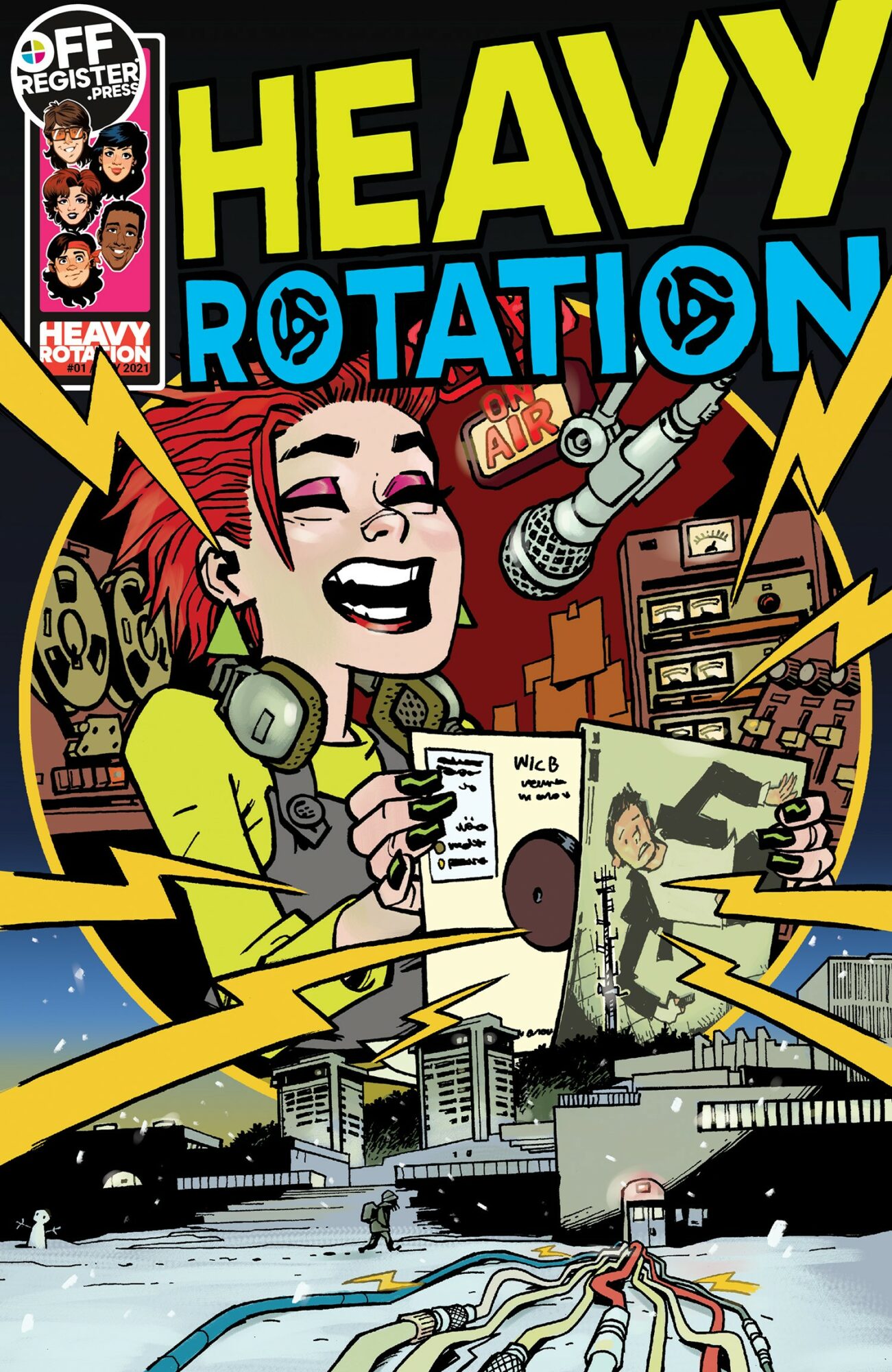 A woman with red hair and headphones laughs, holding a paper, surrounded by comic-style lightning bolts and a cityscape.