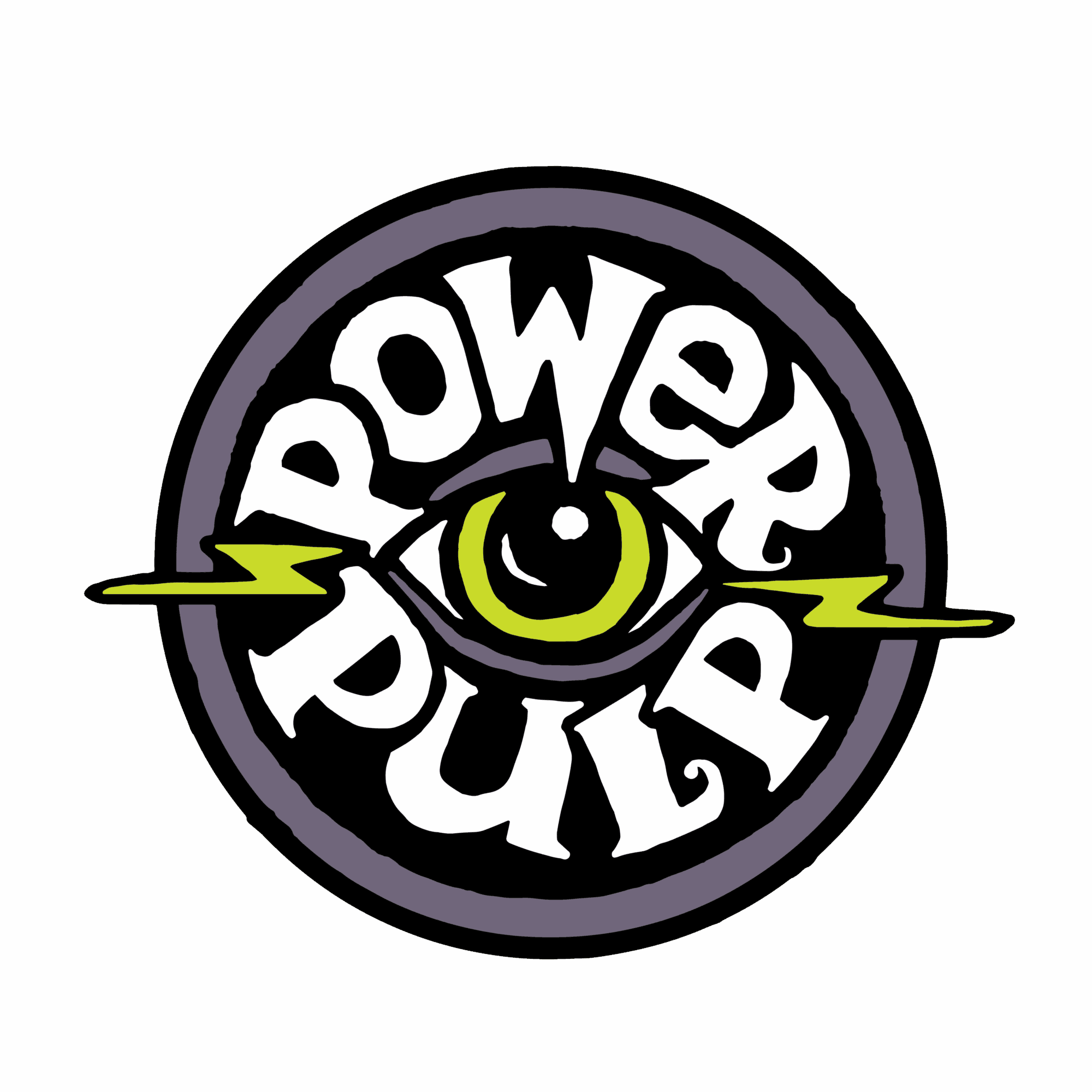 A circular logo with a stylized eye in the center, surrounded by the words 'Power' and 'Pulp' with lightning bolts.