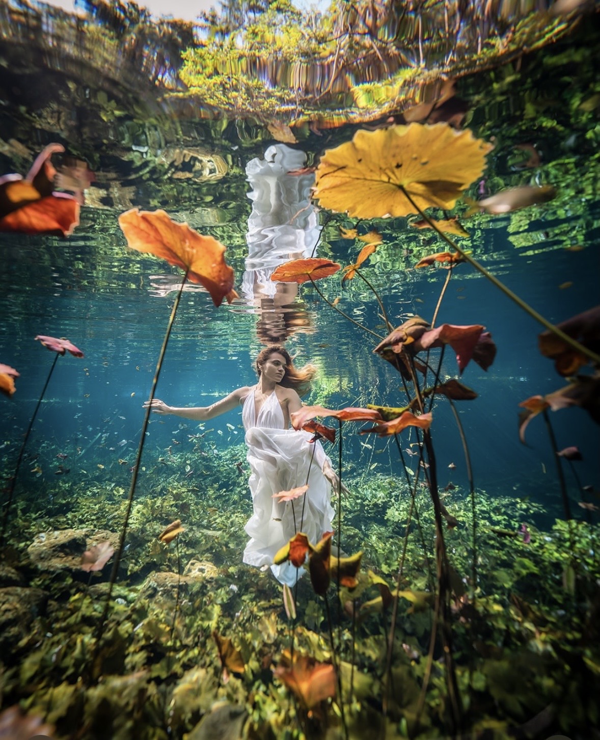 Person in white dress underwater among floating leaves and plants, with sunlight filtering from above.