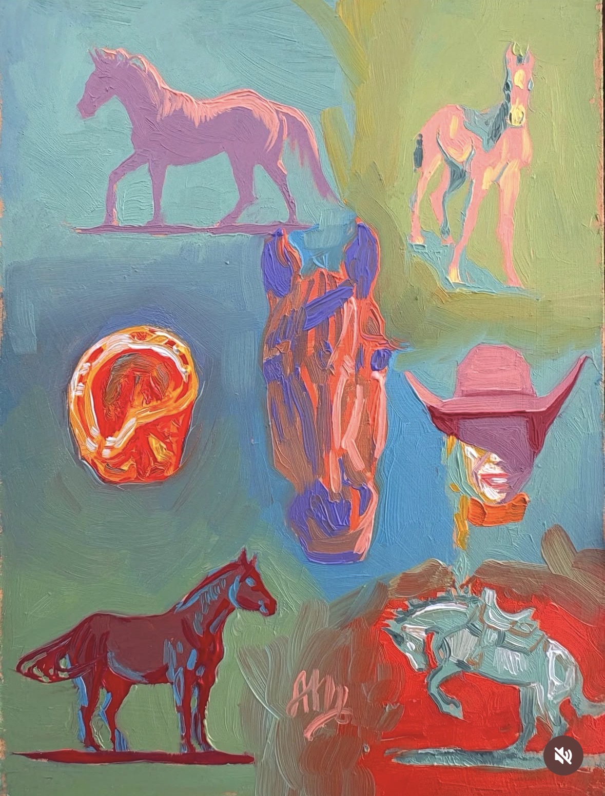 Multiple painted horse and animal figures on a colorful background, including a pink horse, a blue horse, and a red animal.