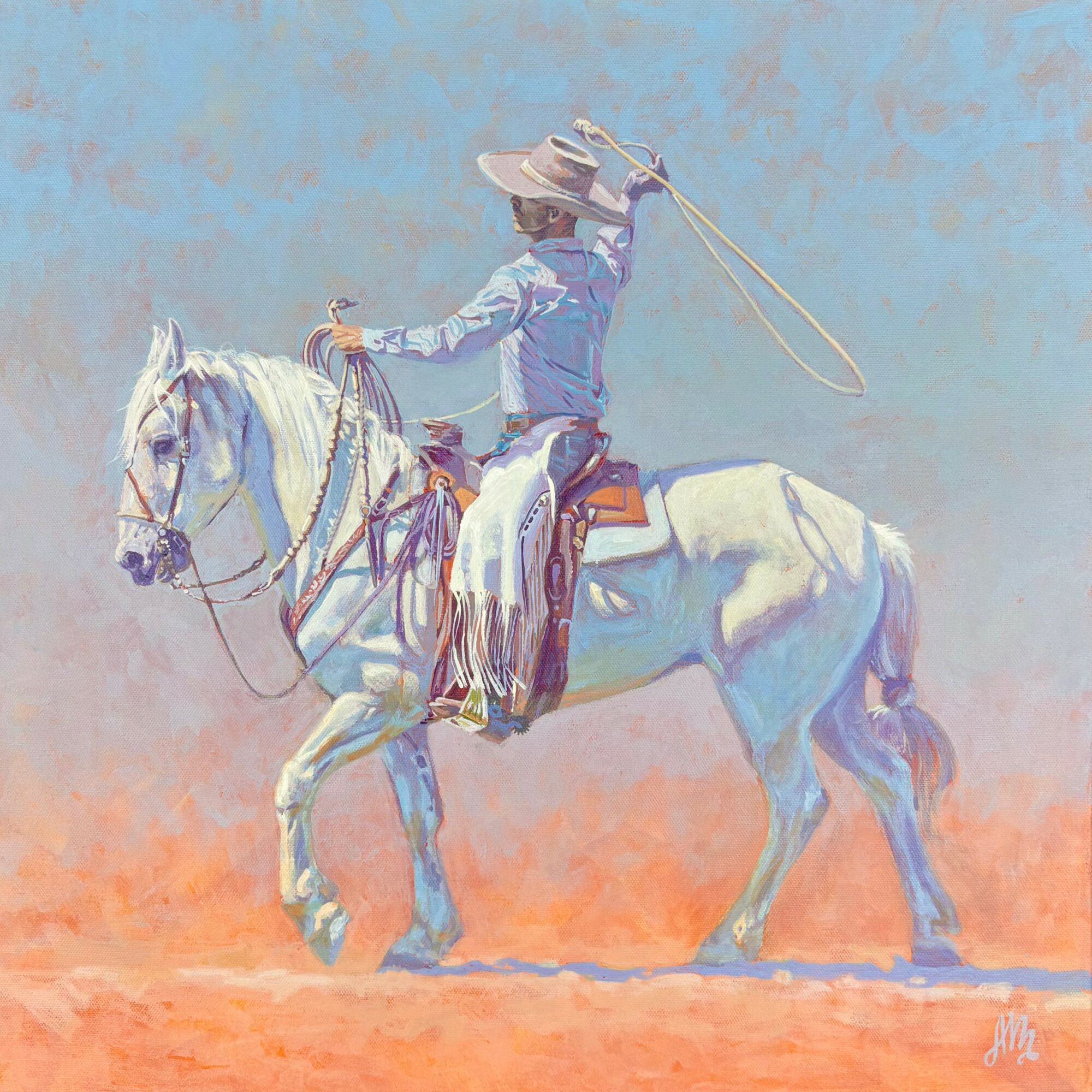 Cowboy in hat riding a white horse, holding a lasso, against a pastel sky background.