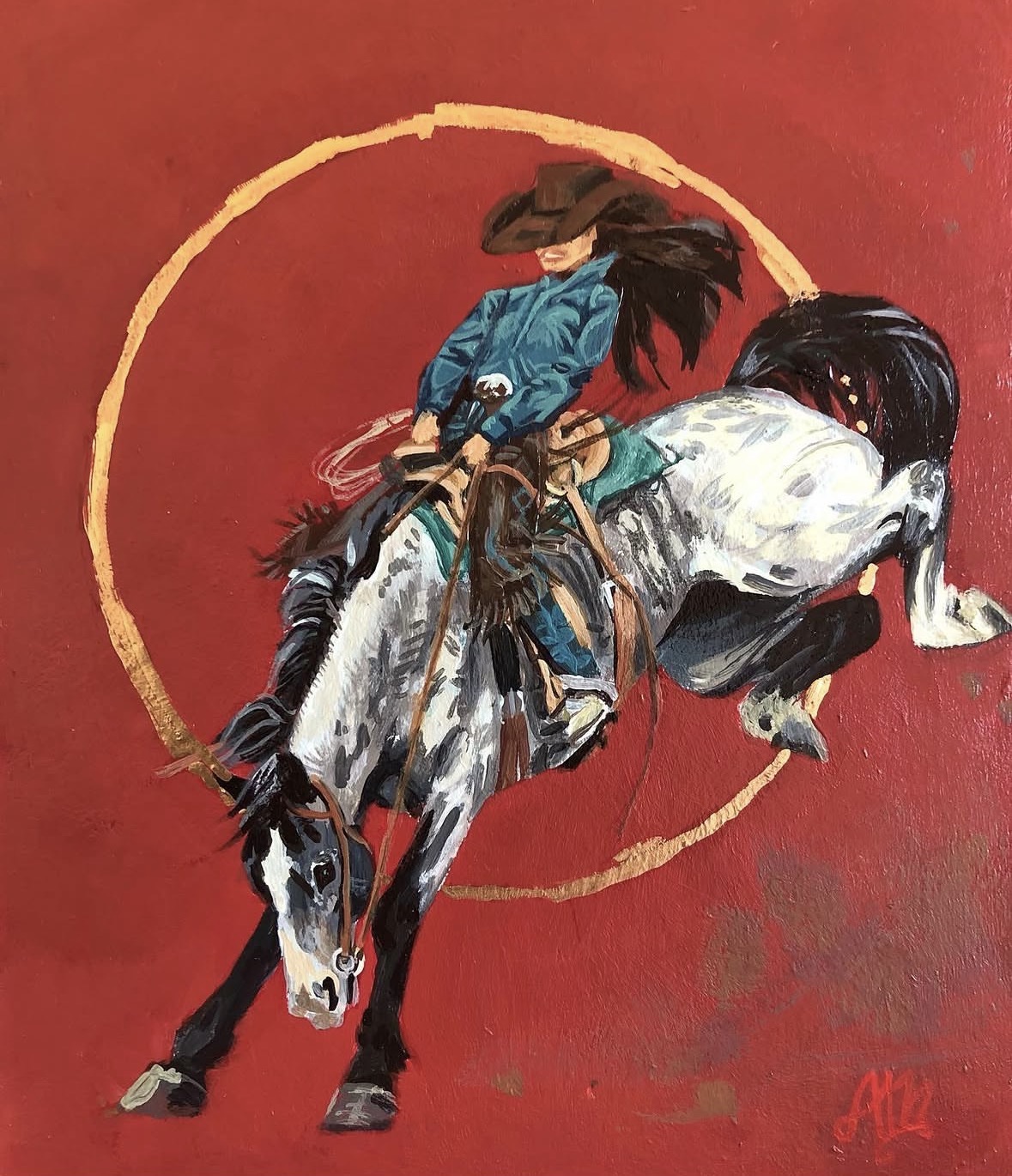 Person riding a horse, wearing a hat and blue clothing, against a red background with a gold circle.