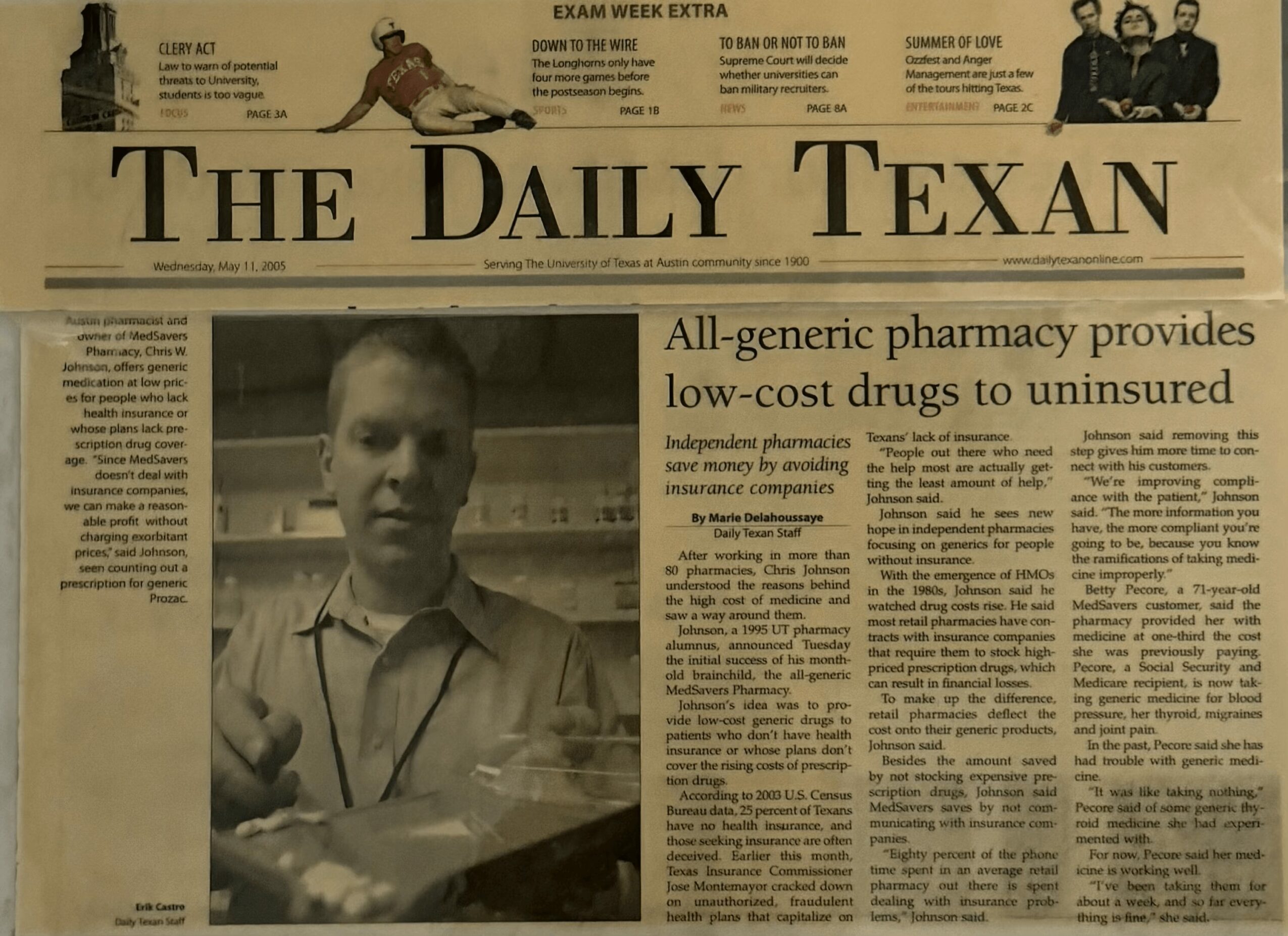 Front page of a newspaper titled 'The Daily Texan' with a black-and-white photo of a young person in a store, and an article about pharmacy services.