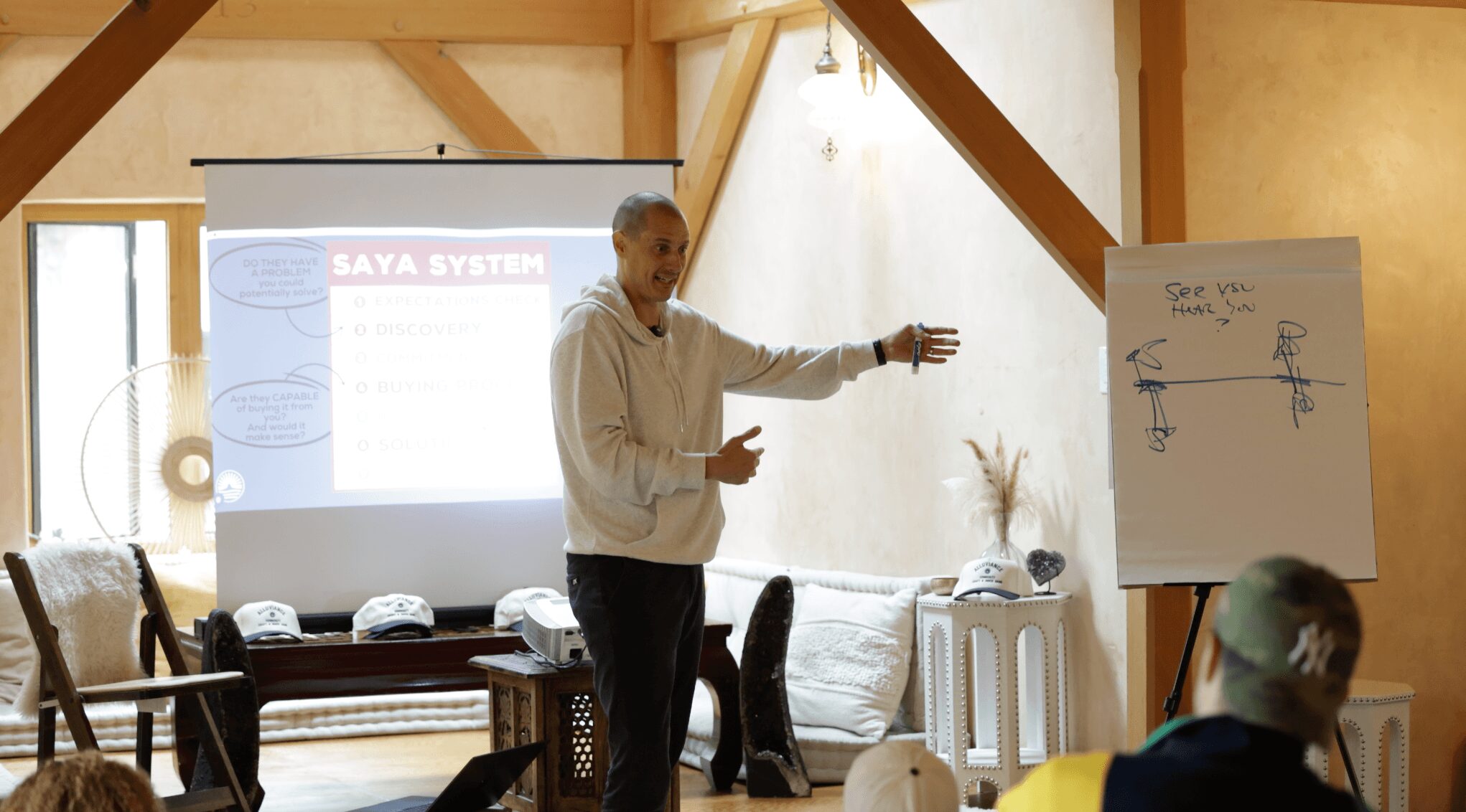Person giving a presentation in a room with a whiteboard and a projection screen, audience seated facing the speaker.