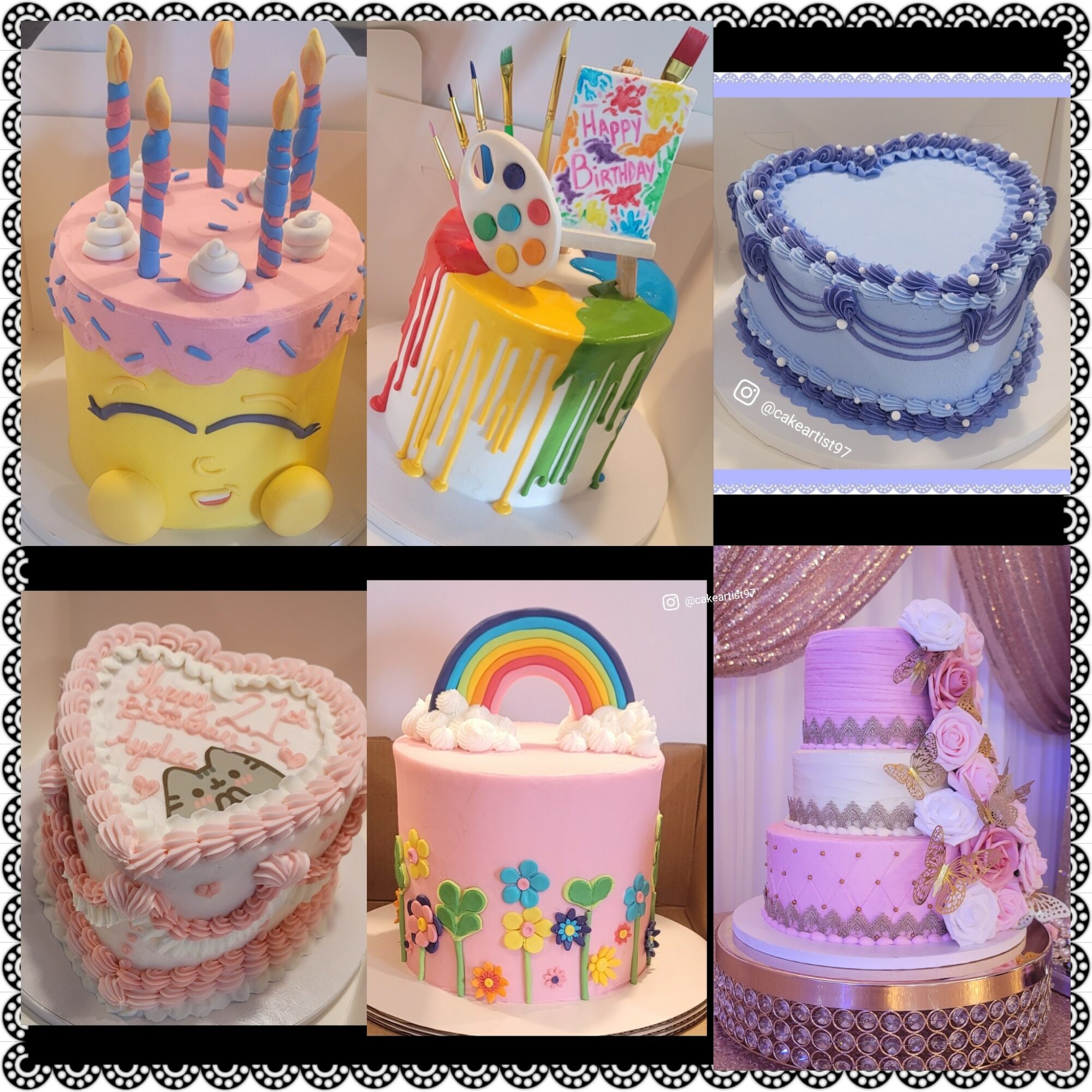 Six colorful cakes with decorations, including candles, rainbows, and flowers, arranged in a collage.